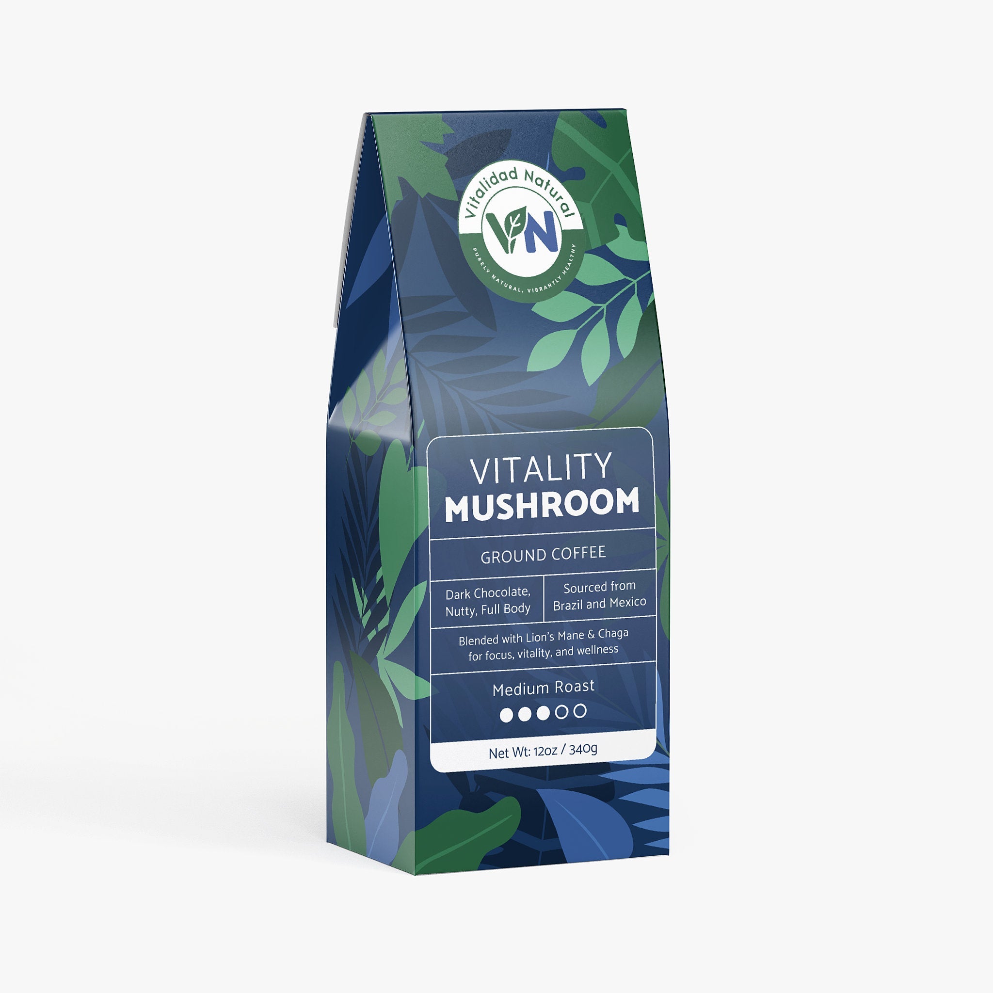 Vitality Mushroom Coffee by Vitalidad Natural, medium roast in a package with label showing mushrooms and coffee beans.