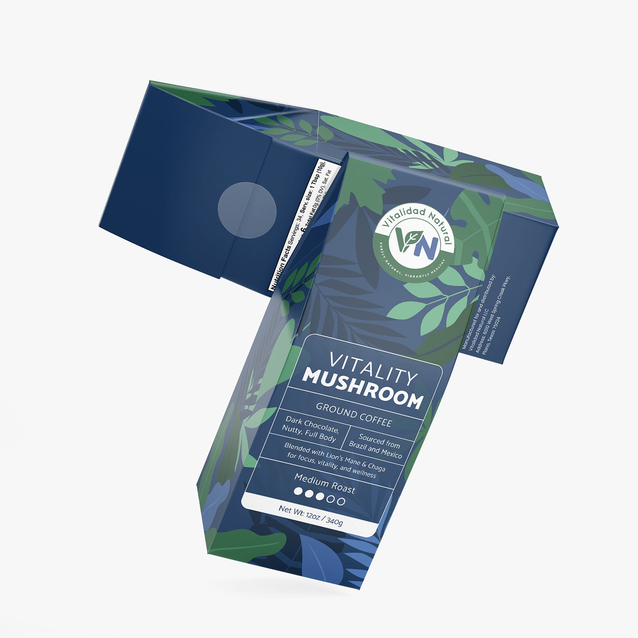 Vitality Mushroom Coffee Medium Roast by Vitalidad Natural, showing the product label with branding and ingredient details.