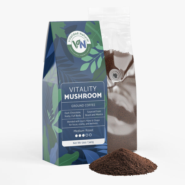 Vitalidad Natural Vitality Mushroom Coffee in medium roast, showing the product packaging with label and branding.