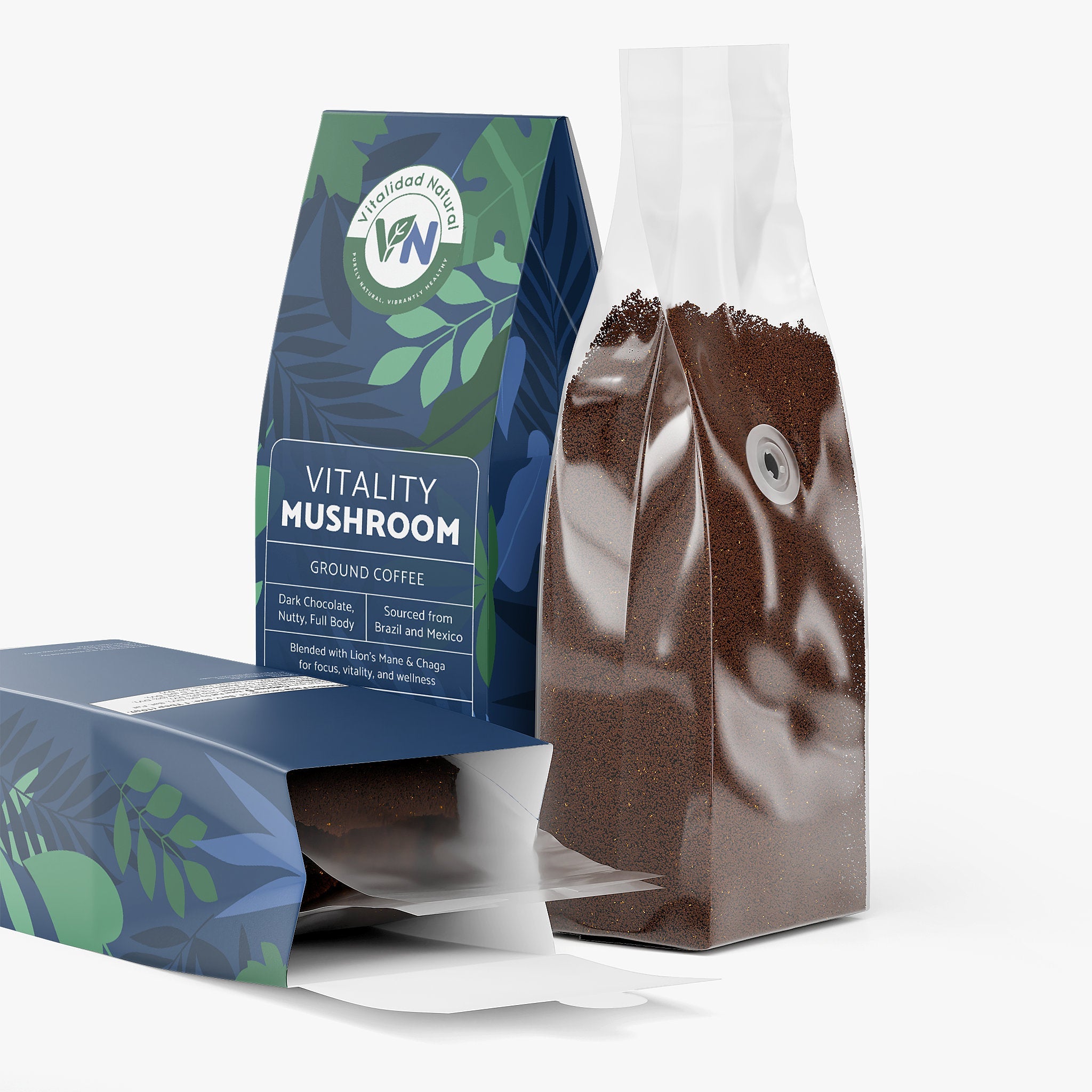 Vitality Mushroom Coffee Medium Roast by Vitalidad Natural, featuring a label with coffee beans and mushroom illustrations.