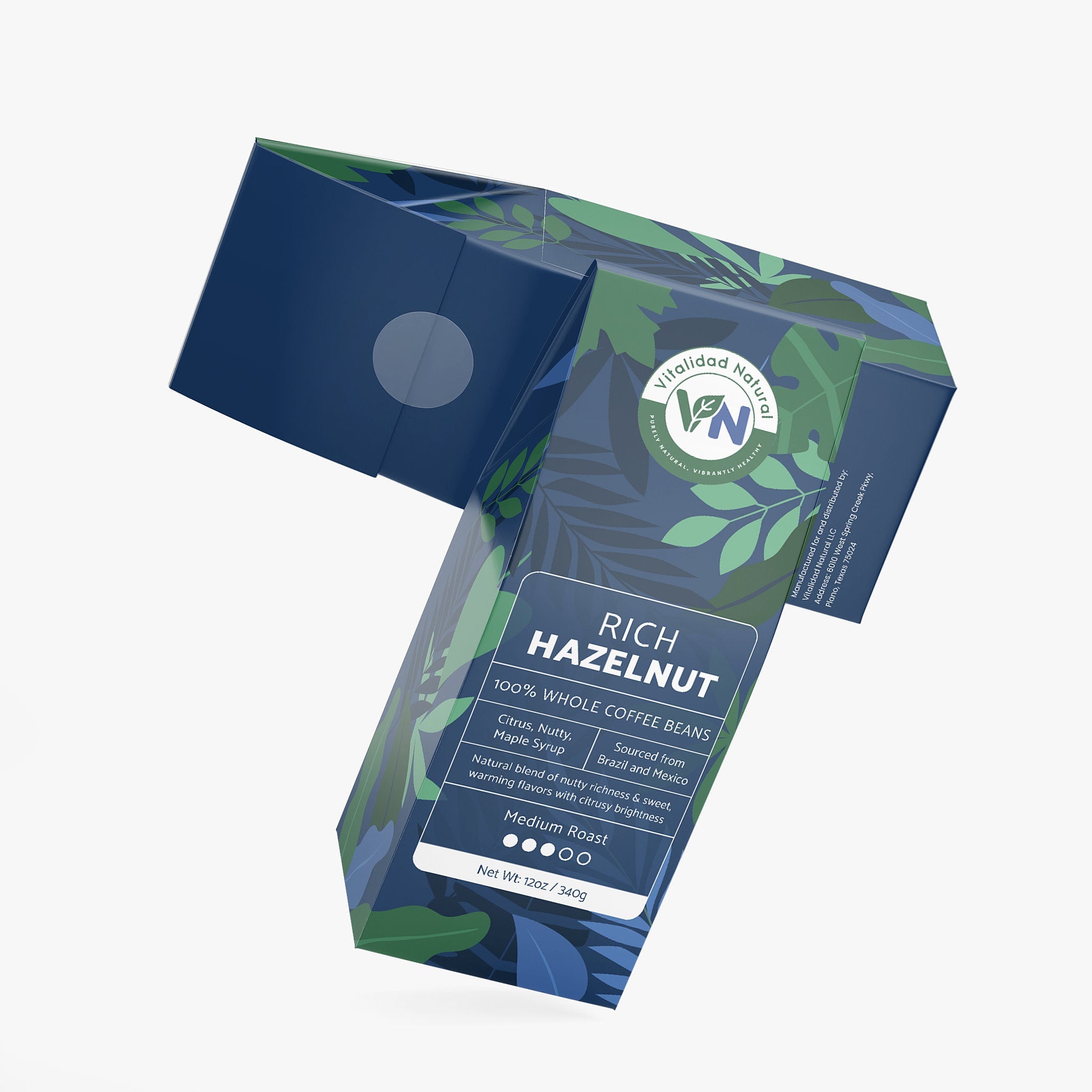 Vitalidad Natural Rich Hazelnut Coffee medium roast in a bag with a colorful label, ready for brewing.