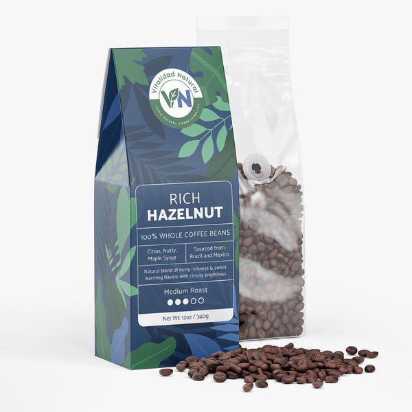 Vitalidad Natural Rich Hazelnut Coffee medium roast in a coffee bag with label, showcasing the flavored coffee product.