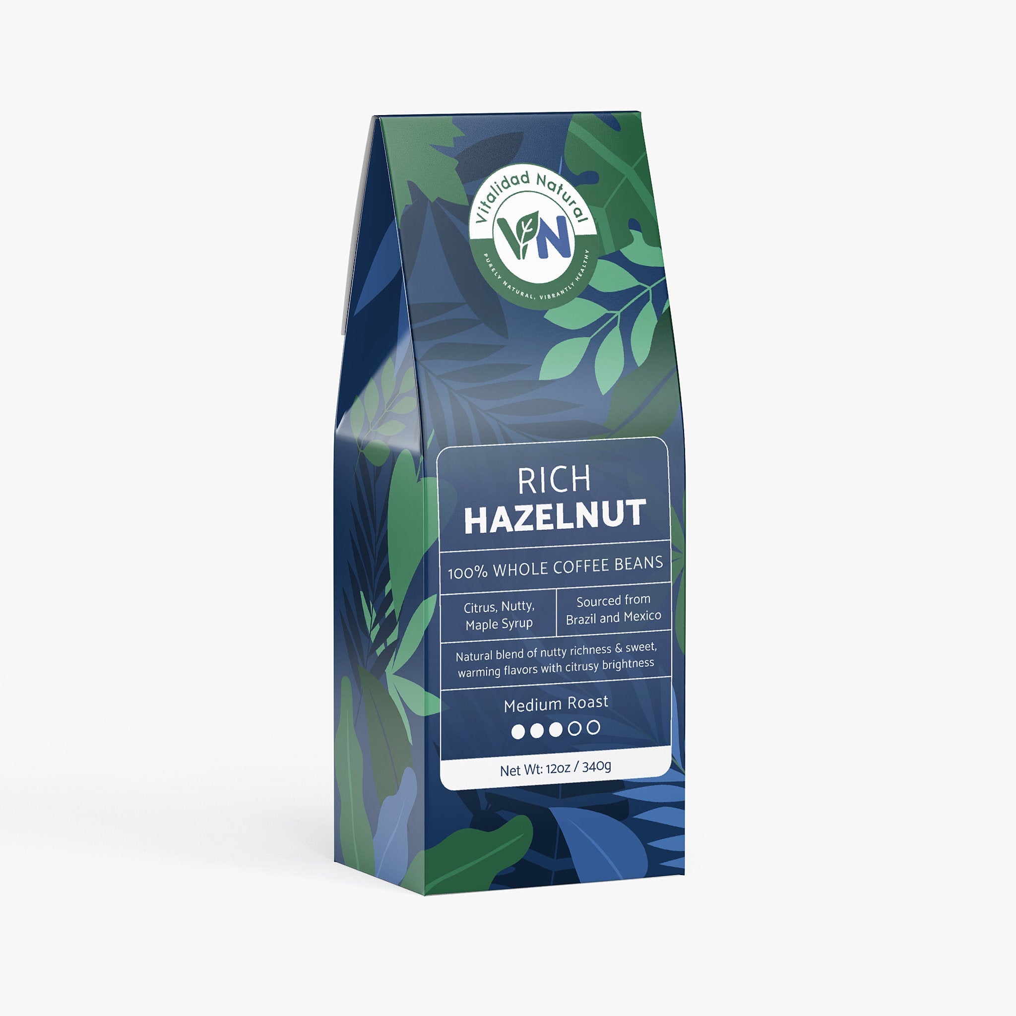 Vitalidad Natural Rich Hazelnut Coffee medium roast in a bag, aromatic coffee beans with hazelnut flavor, food and beverage product.