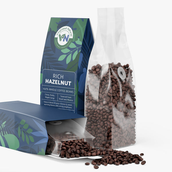 Vitalidad Natural Rich Hazelnut Coffee medium roast in a bag, featuring a colorful label with hazelnut imagery.