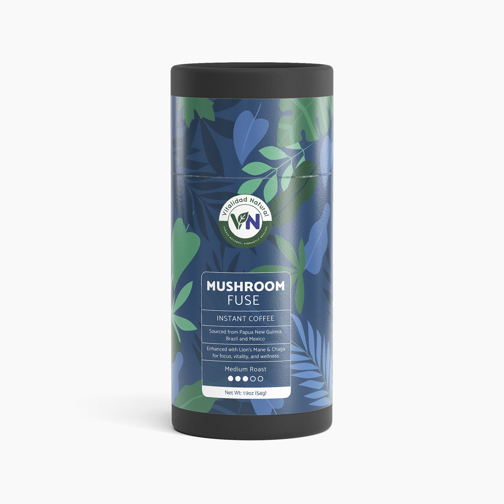 Vitalidad Natural Mushroom Fuse Instant Coffee package with medium roast label showing coffee beans and mushroom imagery.