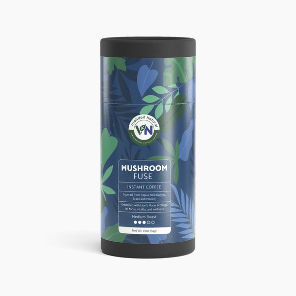Vitalidad Natural Mushroom Fuse Instant Coffee package with medium roast label showing coffee beans and mushroom imagery.
