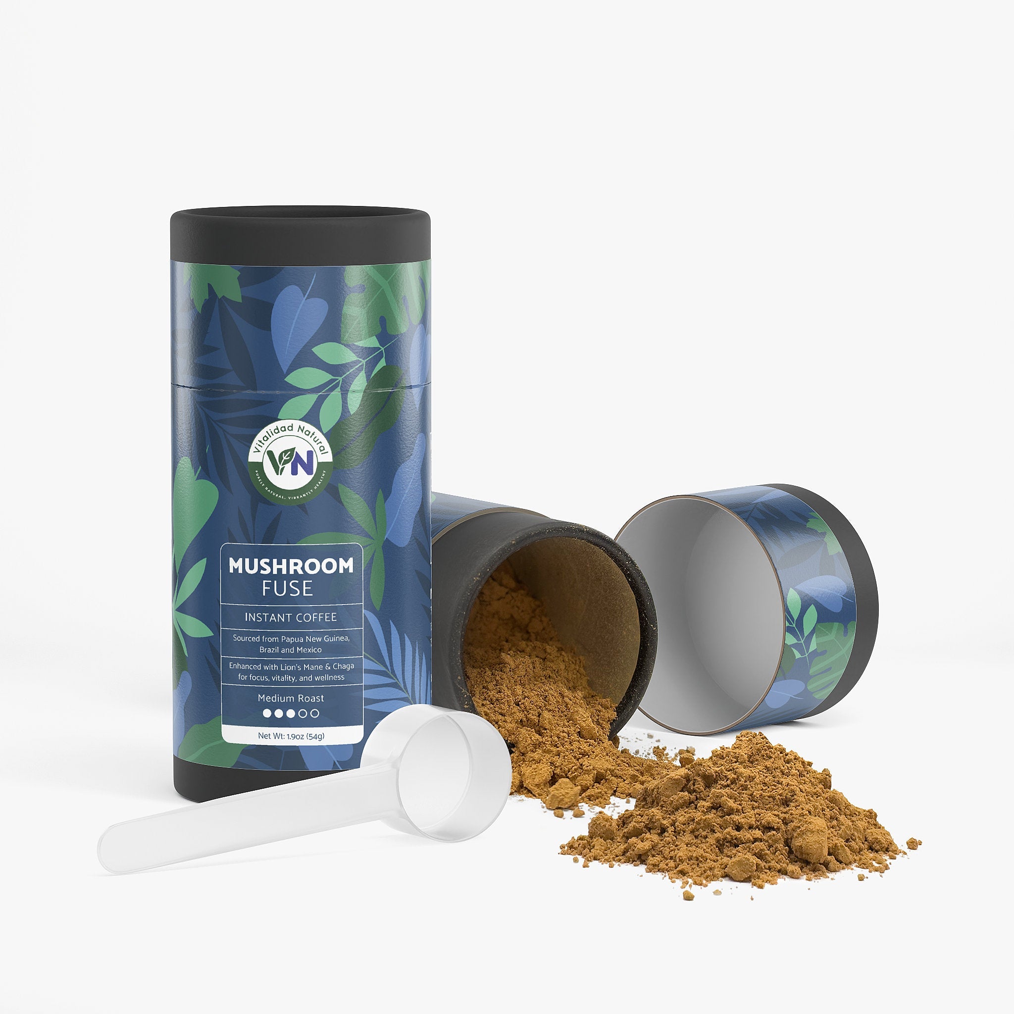 Vitalidad Natural Mushroom Fuse Instant Coffee box with medium roast label and coffee imagery, showcasing the product packaging.