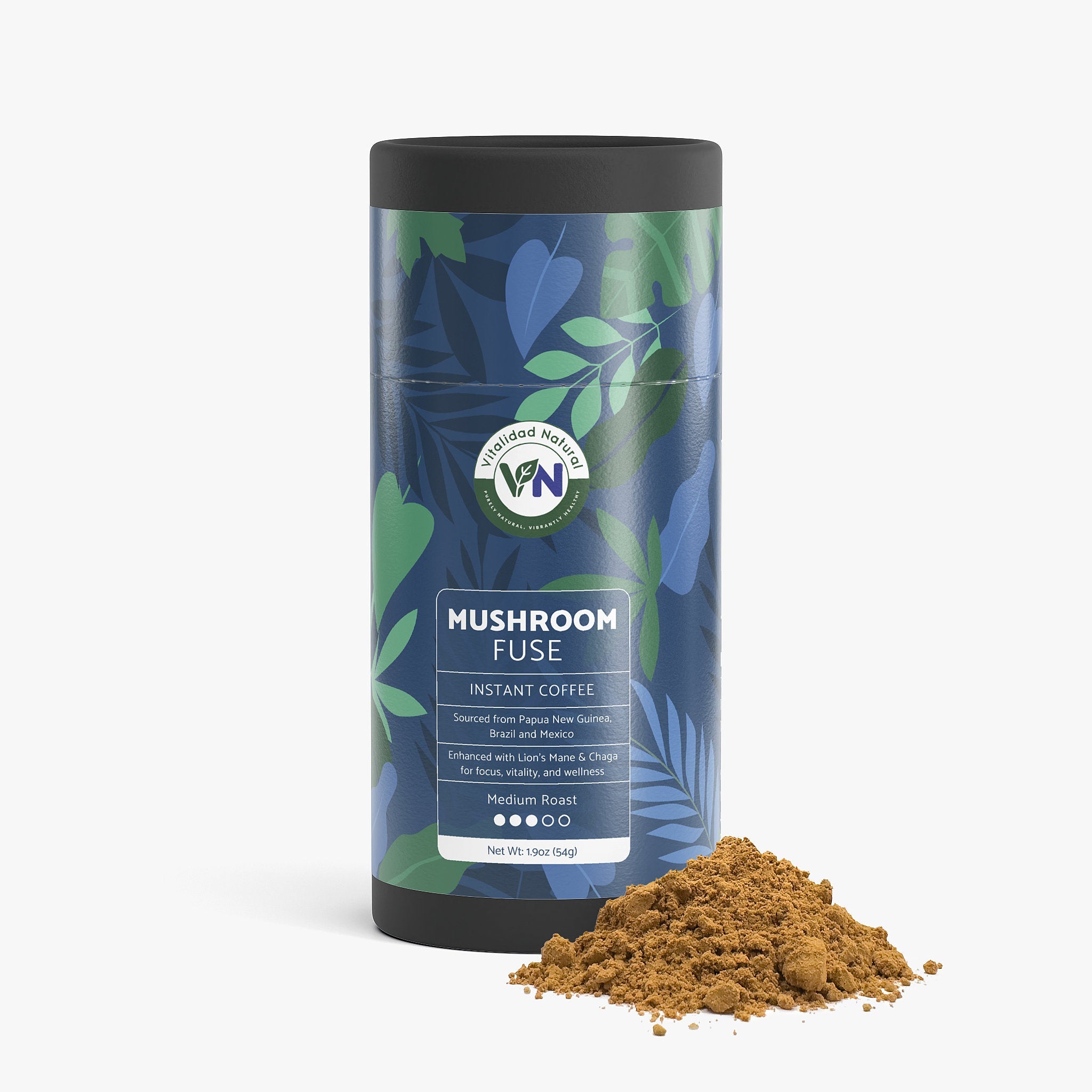 Vitalidad Natural Mushroom Fuse Instant Coffee medium roast in a can with label showing coffee and mushroom imagery.