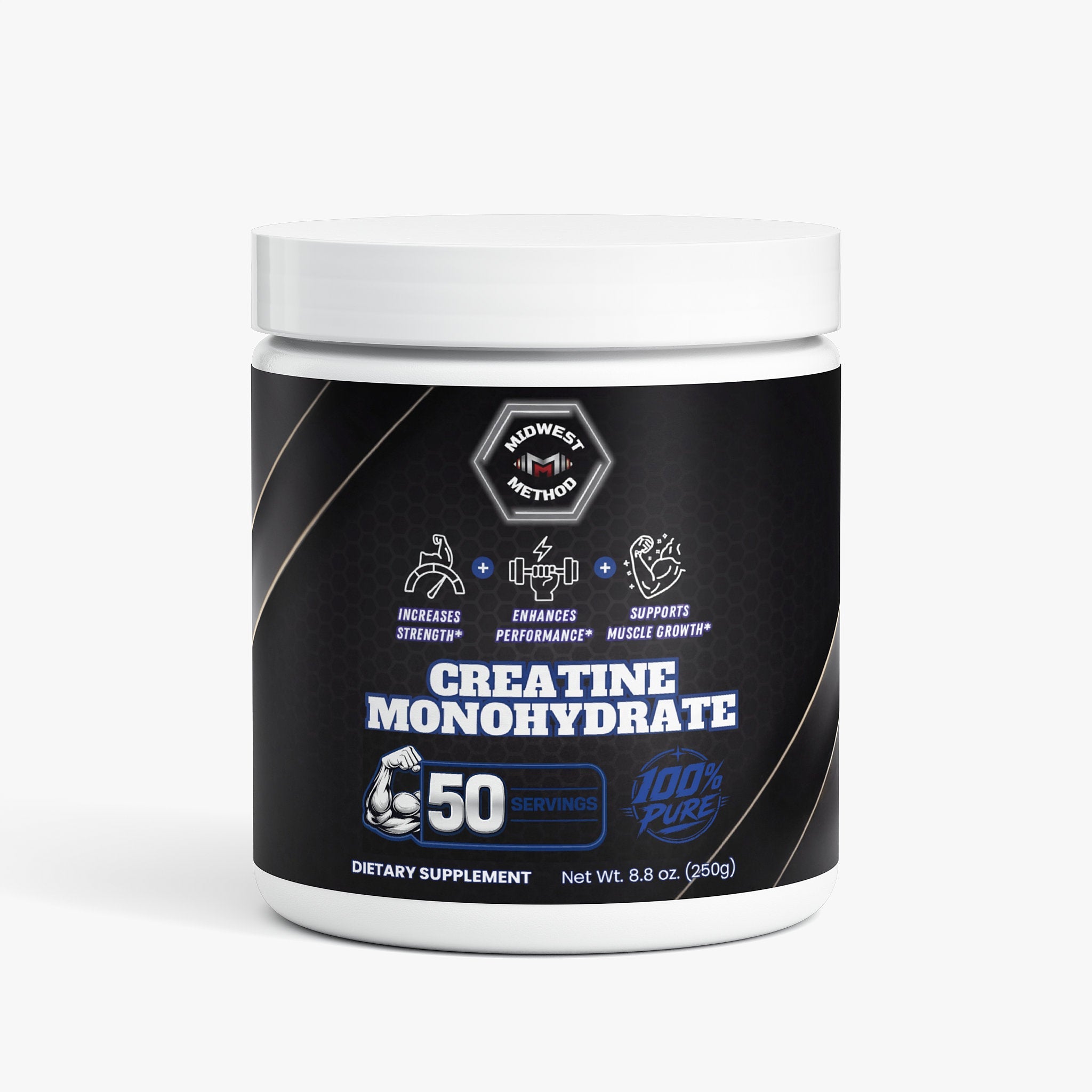 Unflavored creatine monohydrate powder from Midwest Method, designed for muscle building, shown in a clear label image.