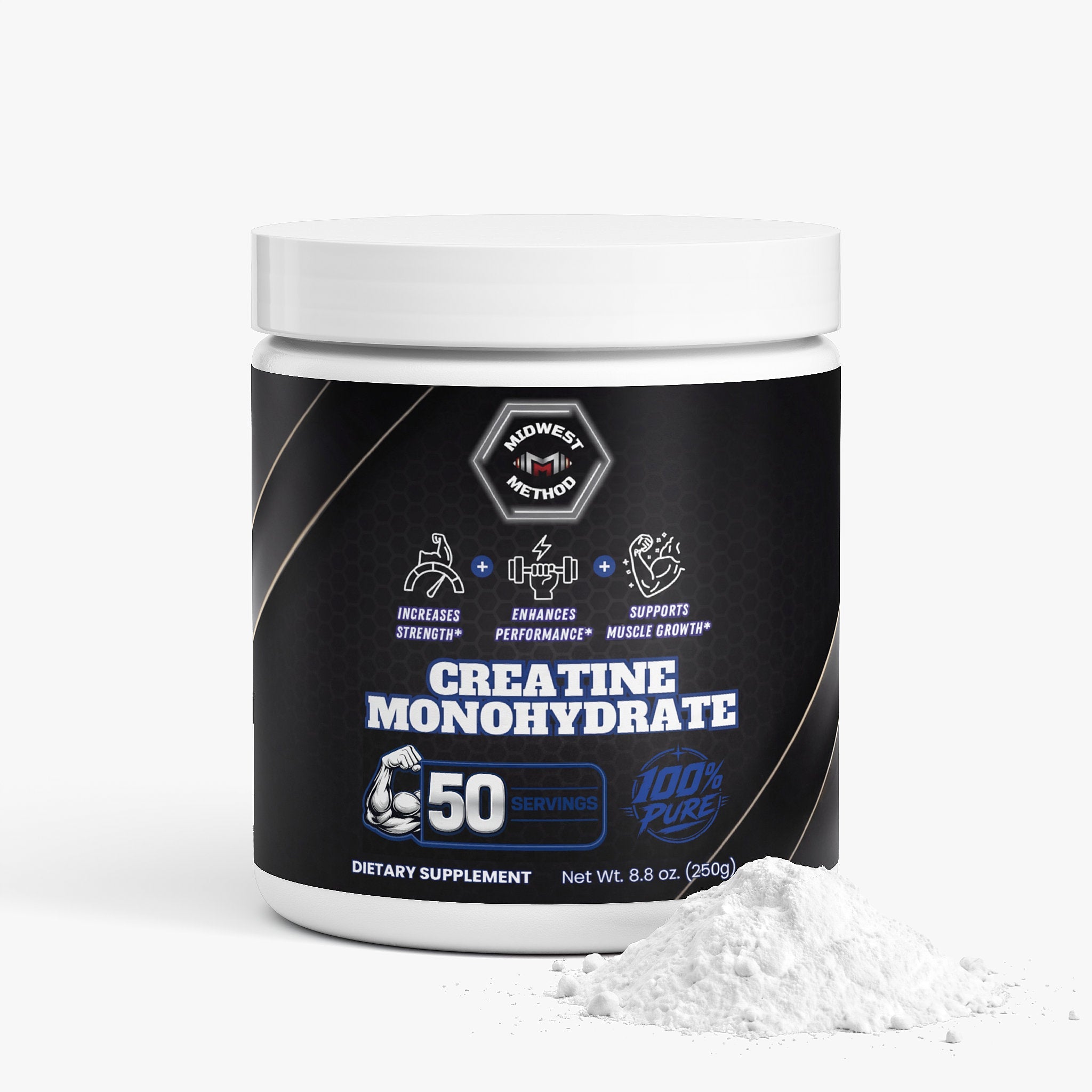 Unflavored Creatine Monohydrate powder from Midwest Method, a muscle builder supplement with a clear label on the container.