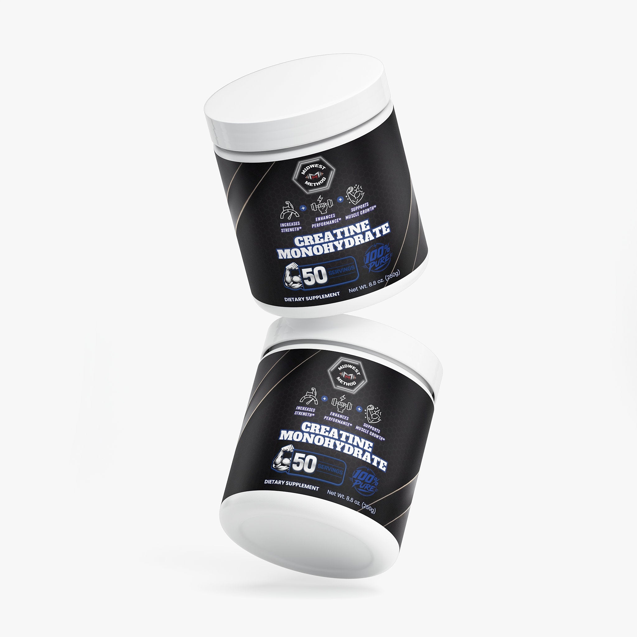 Unflavored creatine monohydrate powder from Midwest Method for muscle building, shown in a clear container with label.