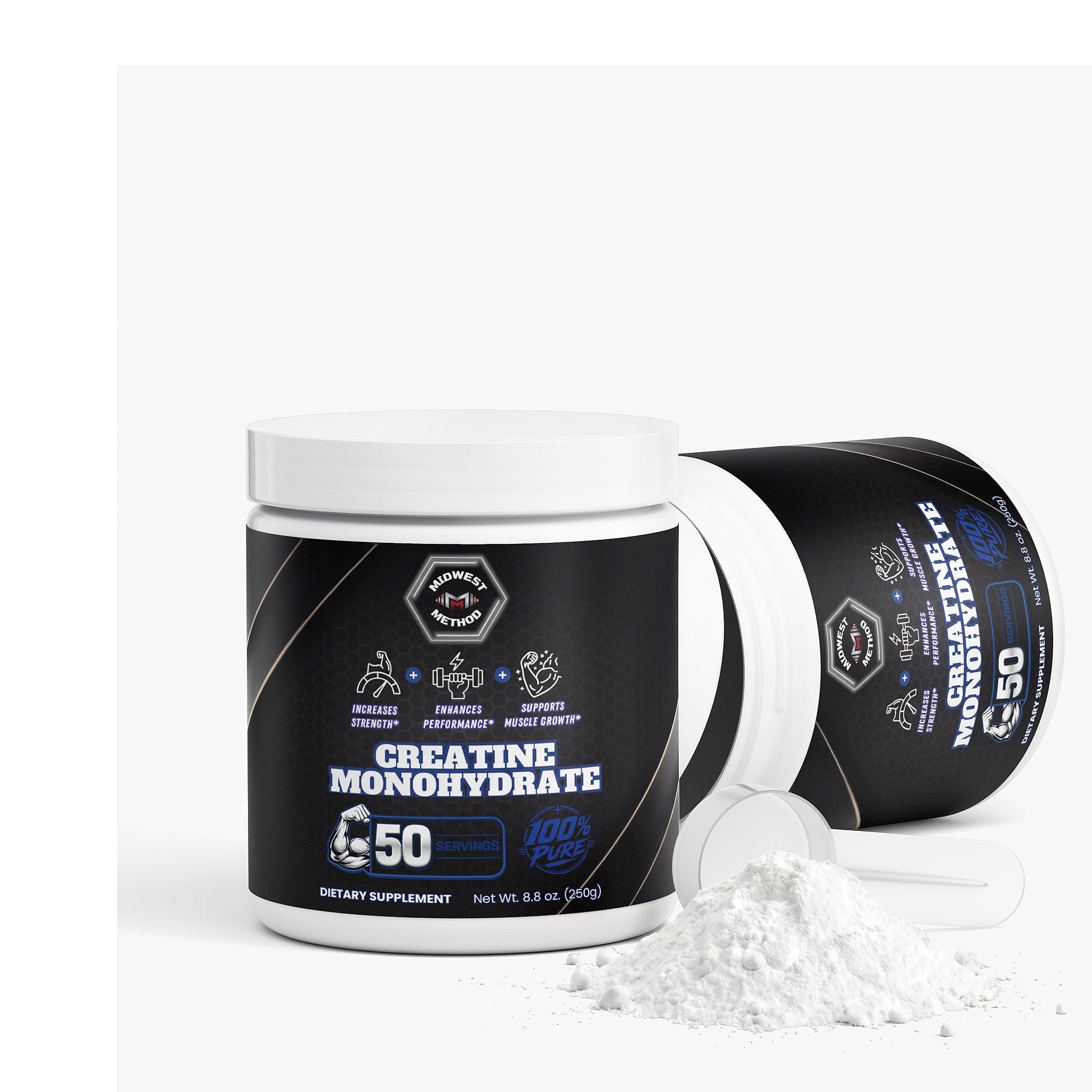 Unflavored creatine monohydrate powder from Midwest Method for muscle building, shown in a clear label image.