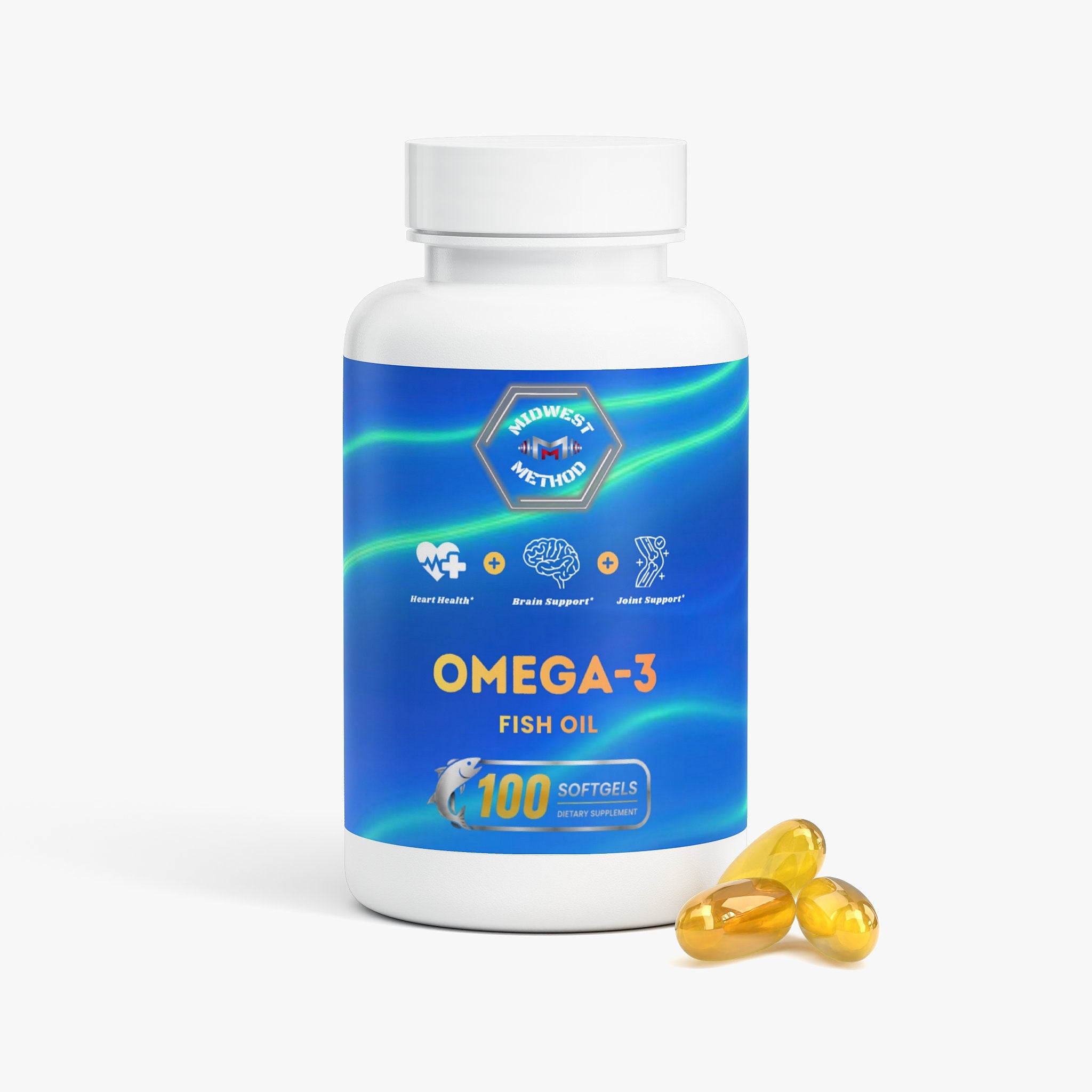 Bottle of Midwest Method Omega-3 Fish Oil supplement with label showing fish oil and omega fatty acids content.