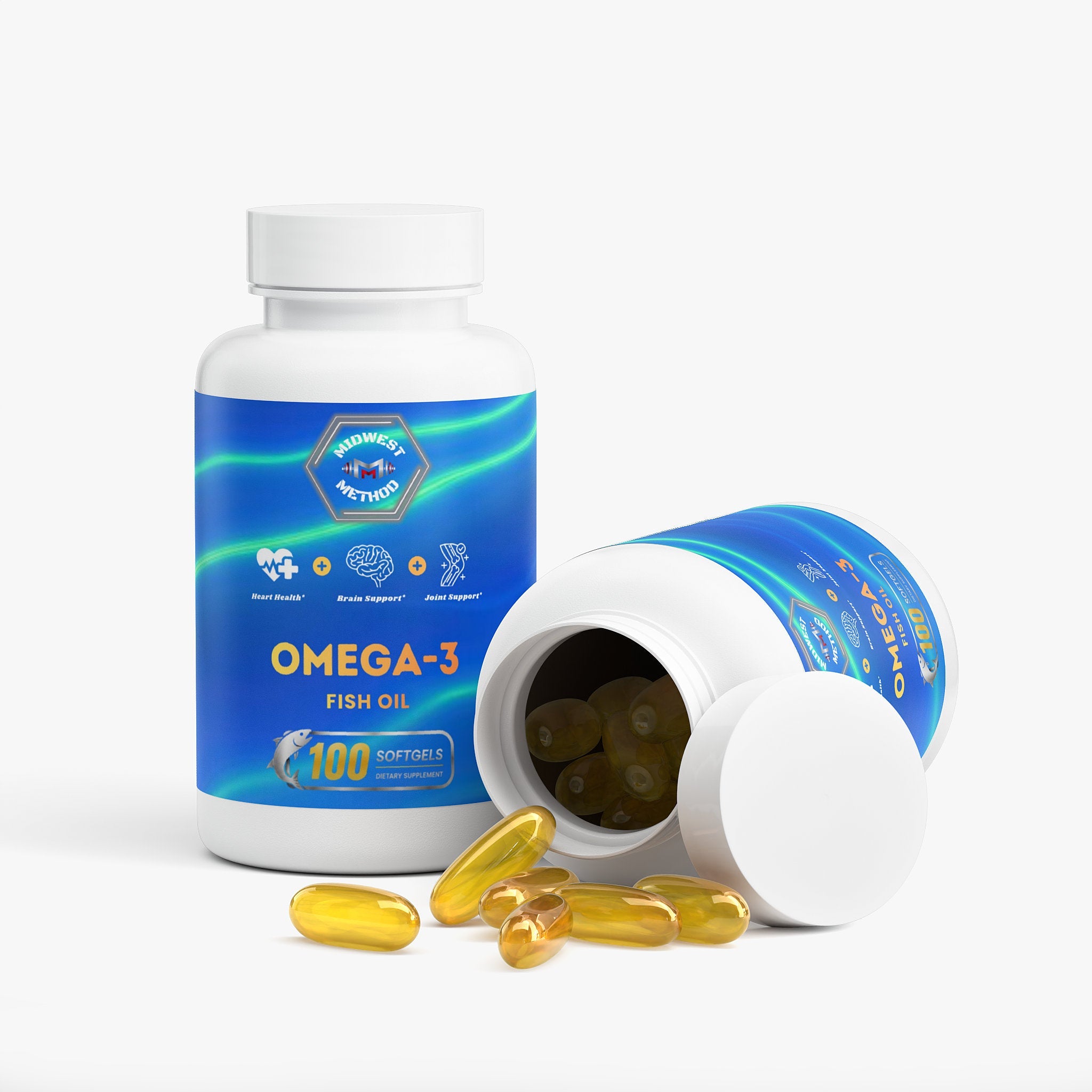 Bottle of Midwest Method Omega-3 Fish Oil supplement showing label with fish oil and omega fatty acids.