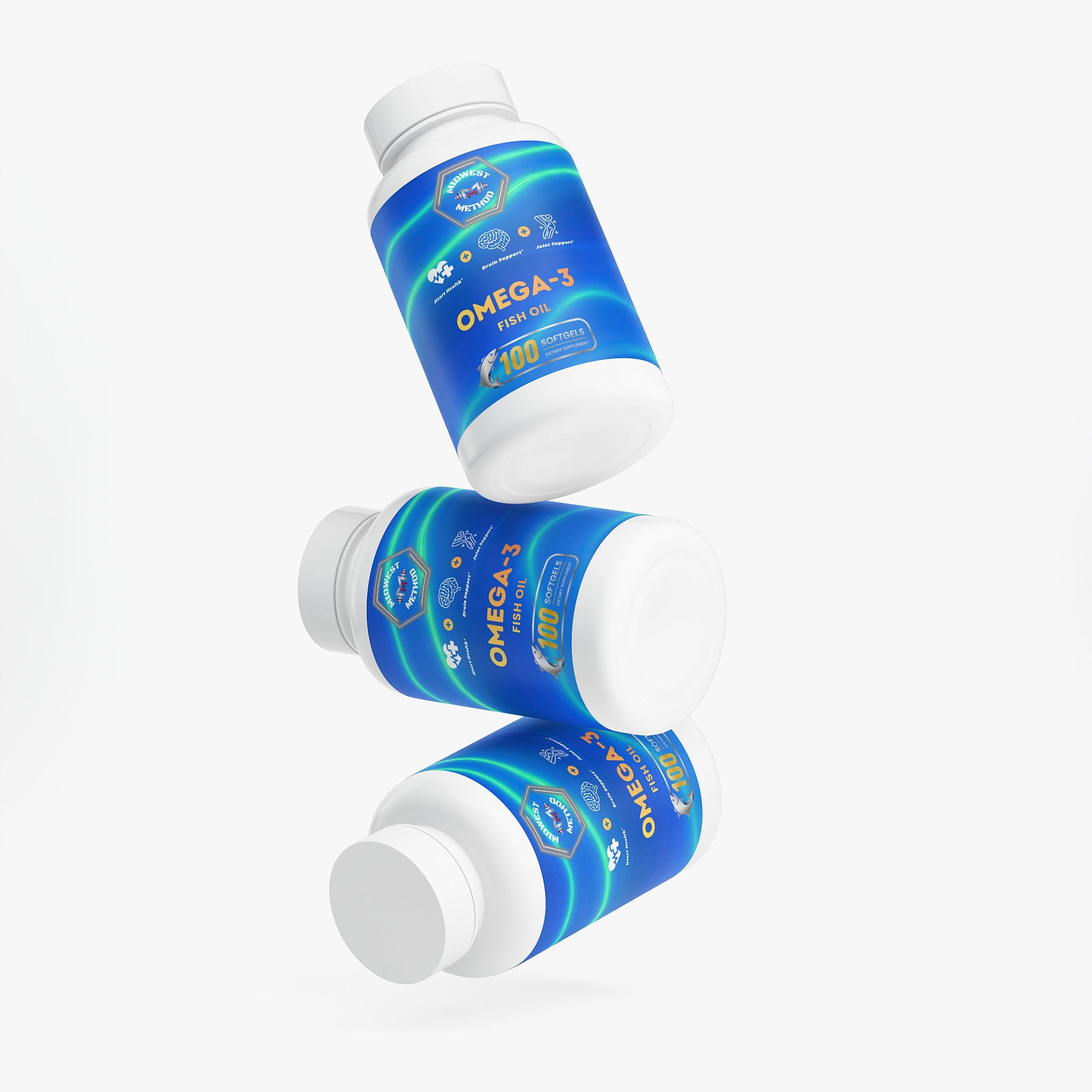 Bottle of Midwest Method Omega-3 Fish Oil supplement with label showing fish oil and omega fatty acids.