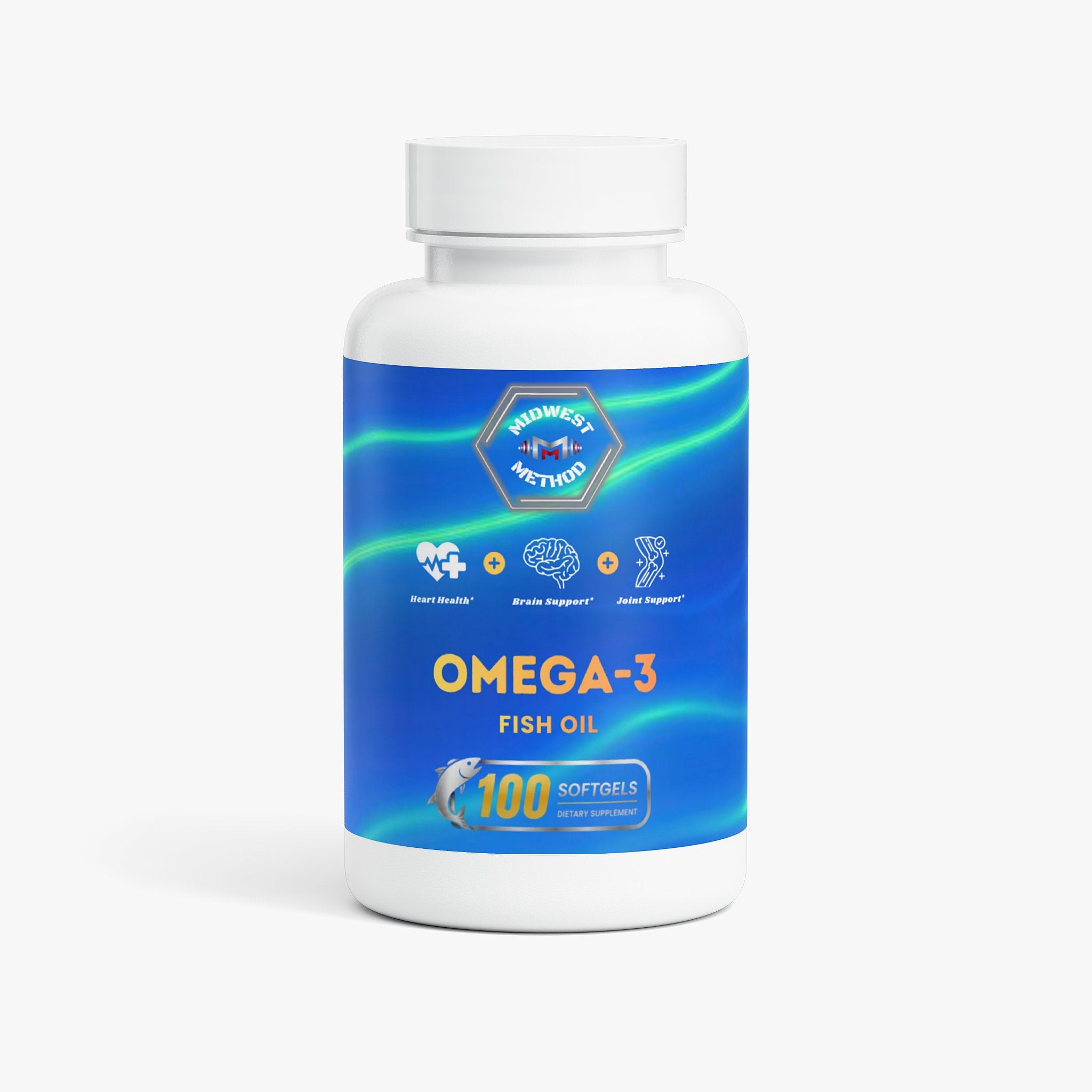 Bottle of Midwest Method Omega-3 Fish Oil supplement with label showing fish oil and omega fatty acids.
