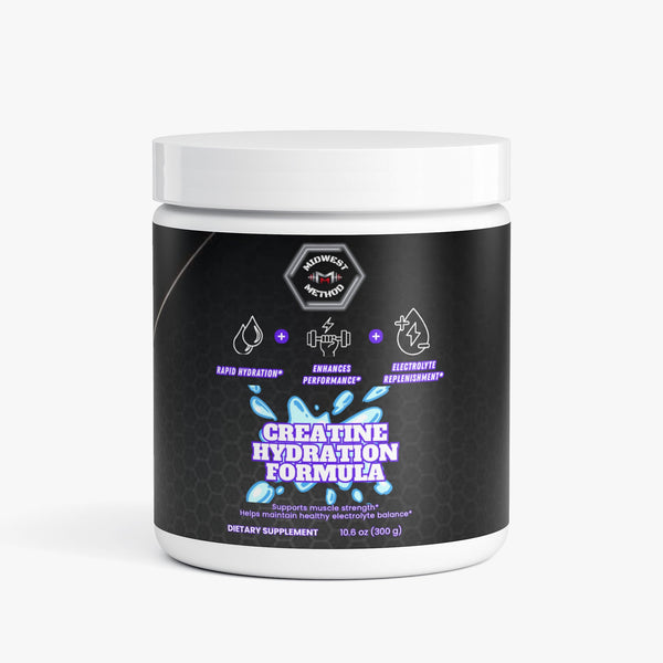 Bottle of Midwest Method Creatine Hydration Formula, a muscle builder supplement with a label showing product details and branding.