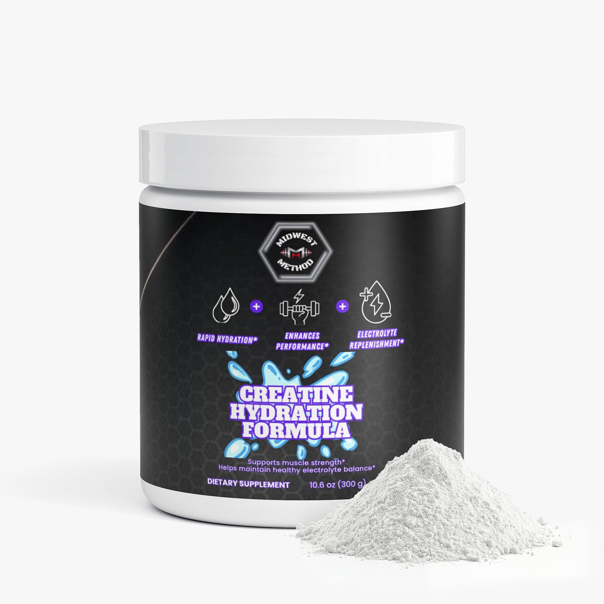 Midwest Method Creatine Hydration Formula muscle builder supplement bottle with label details visible.