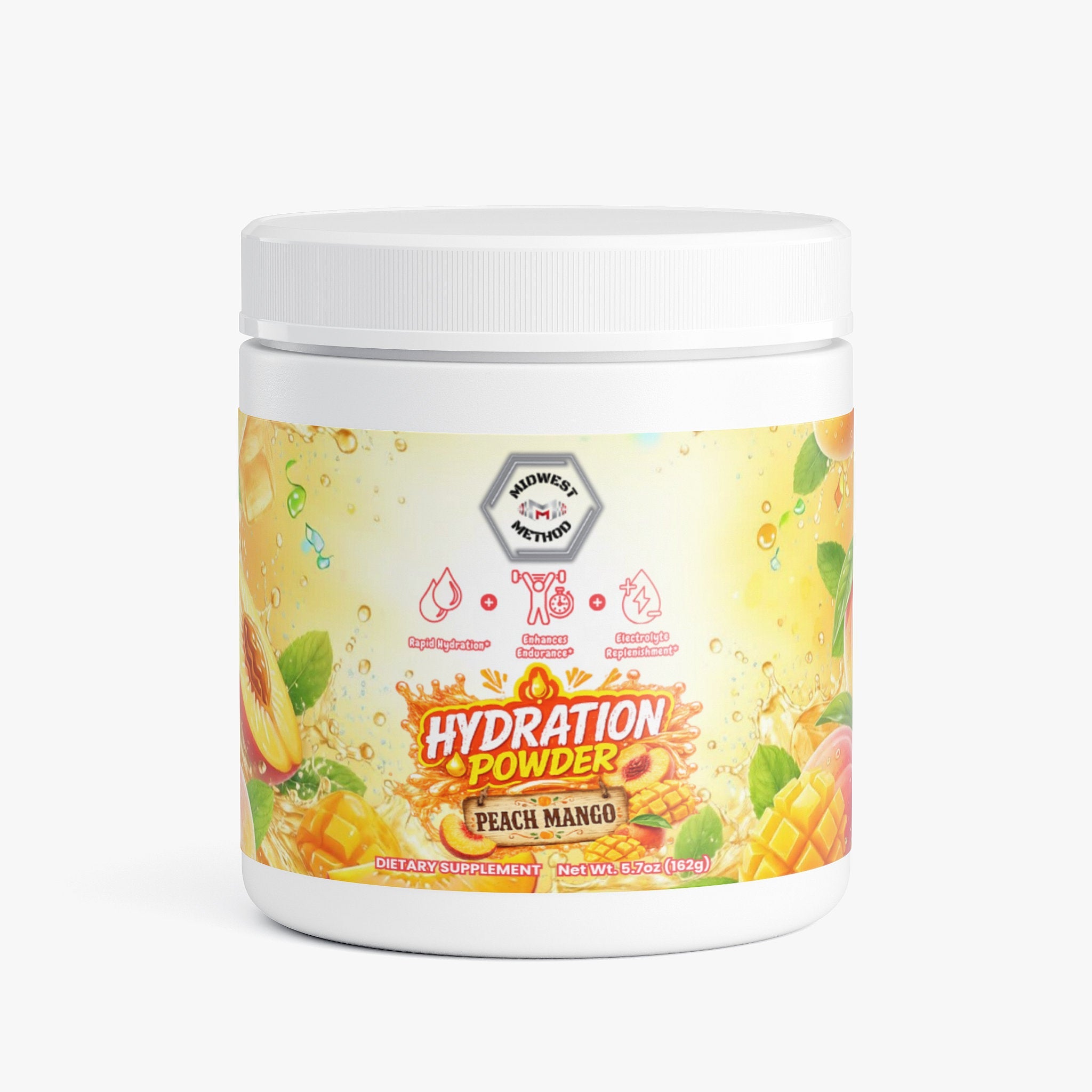 Midwest Method Peach Mango Hydration Powder for intra-workout, featuring a vibrant label with peach and mango imagery on the container.