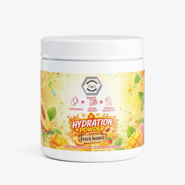Midwest Method Peach Mango Hydration Powder for intra-workout, featuring a vibrant label with peach and mango imagery on the container.