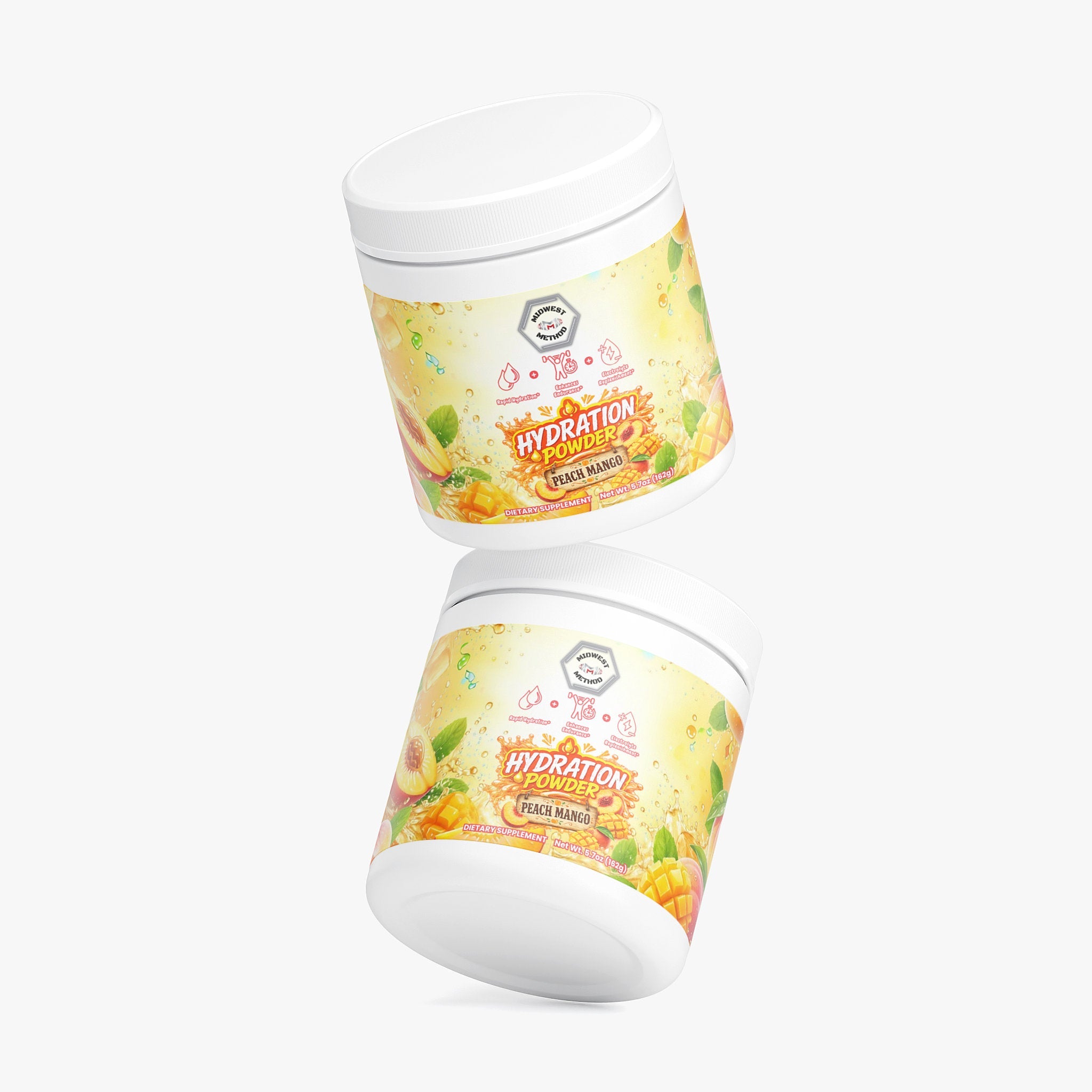 Midwest Method Peach Mango hydration powder for intra-workout supplements in a colorful label bottle.
