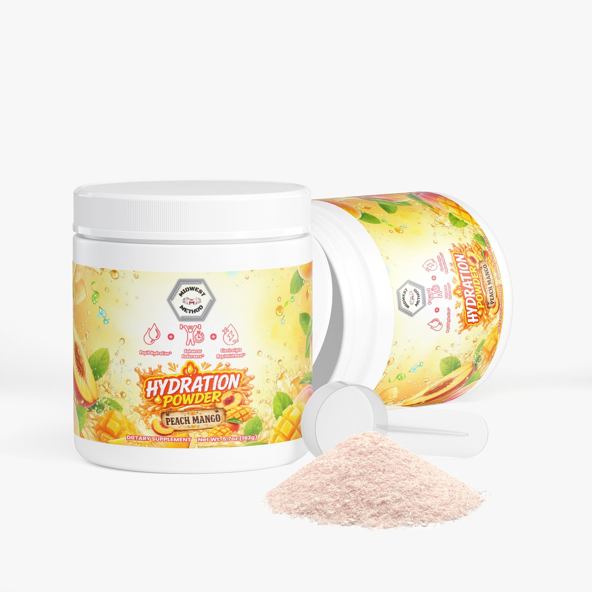 Midwest Method Peach Mango Hydration Powder for intra-workout supplement with vibrant label and flavor details.