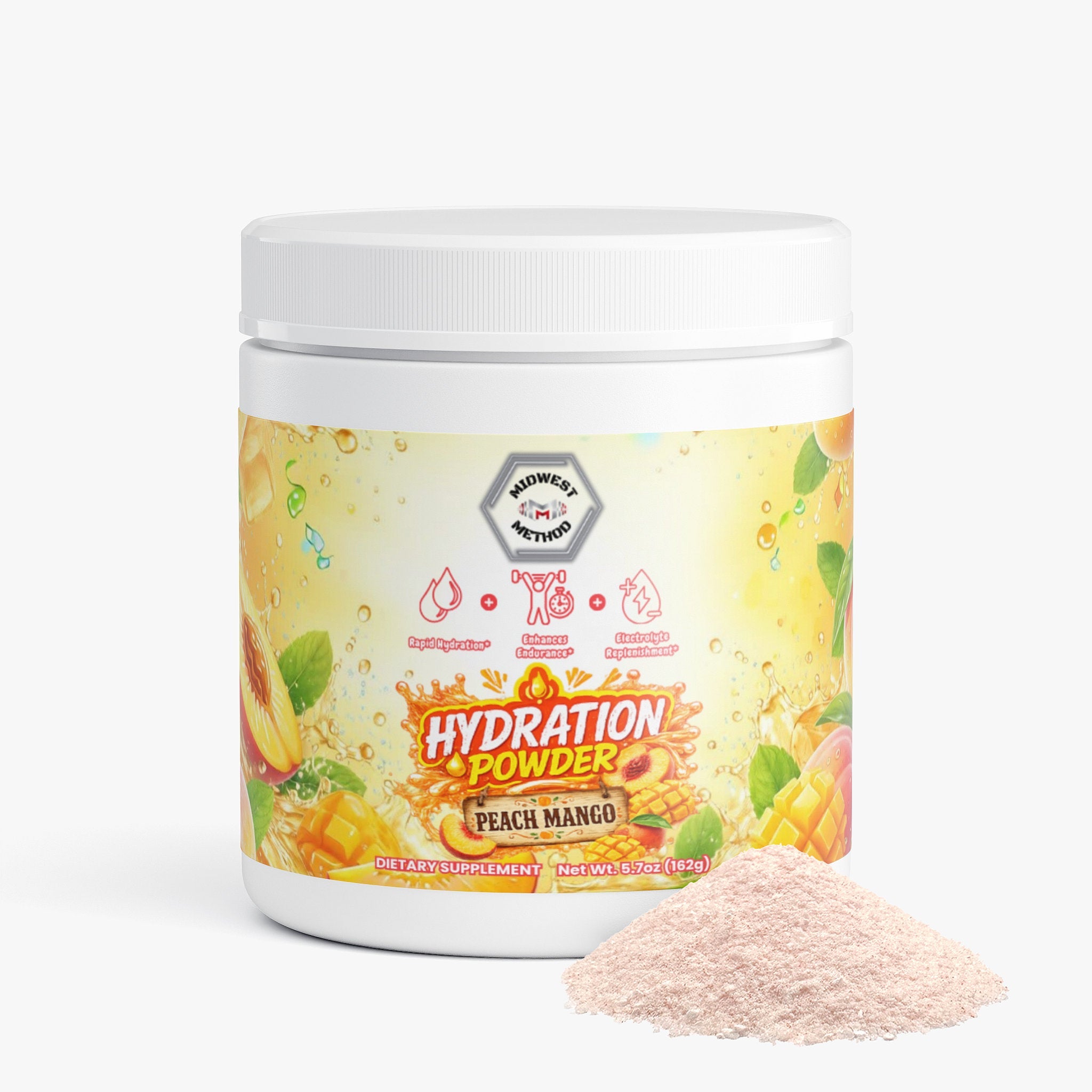 Midwest Method Peach Mango hydration powder for intra-workout supplements, showing the colorful label and product packaging.