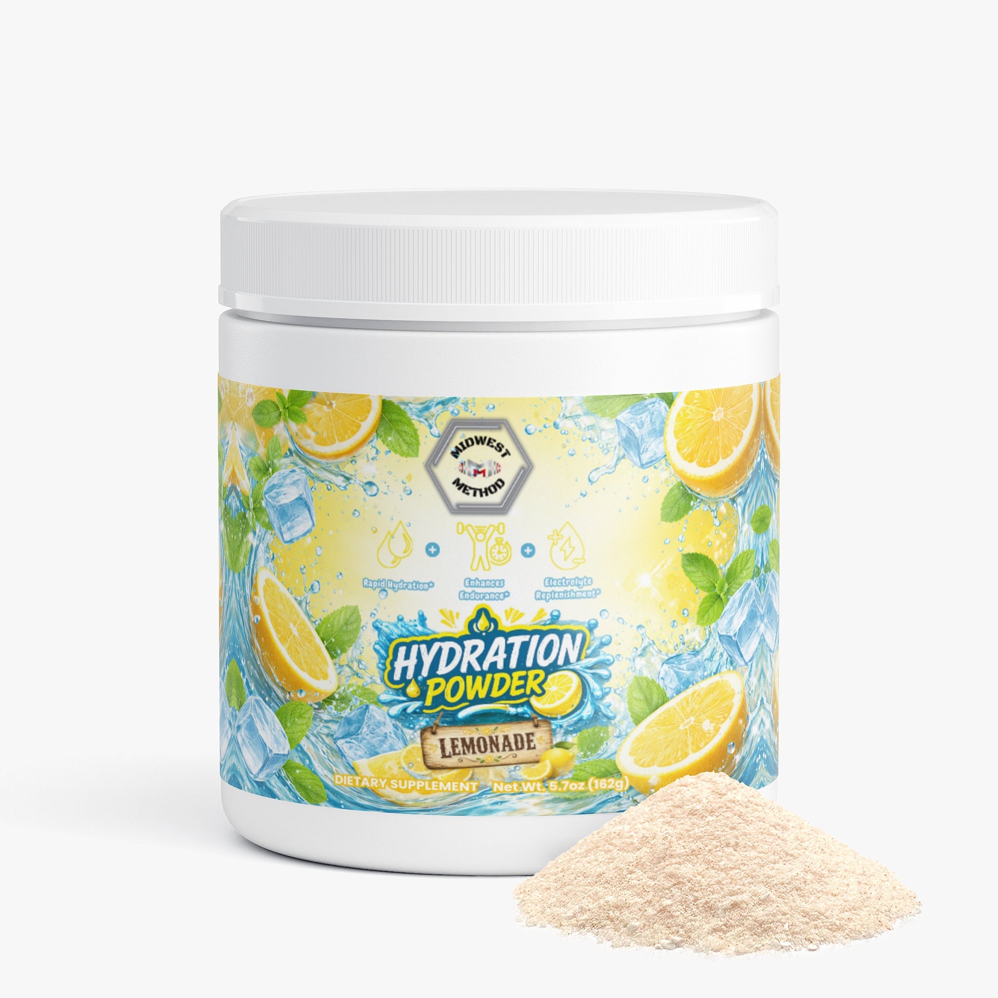 Midwest Method Lemonade Hydration Powder for intra-workout supplementation, showing a colorful label with lemon imagery