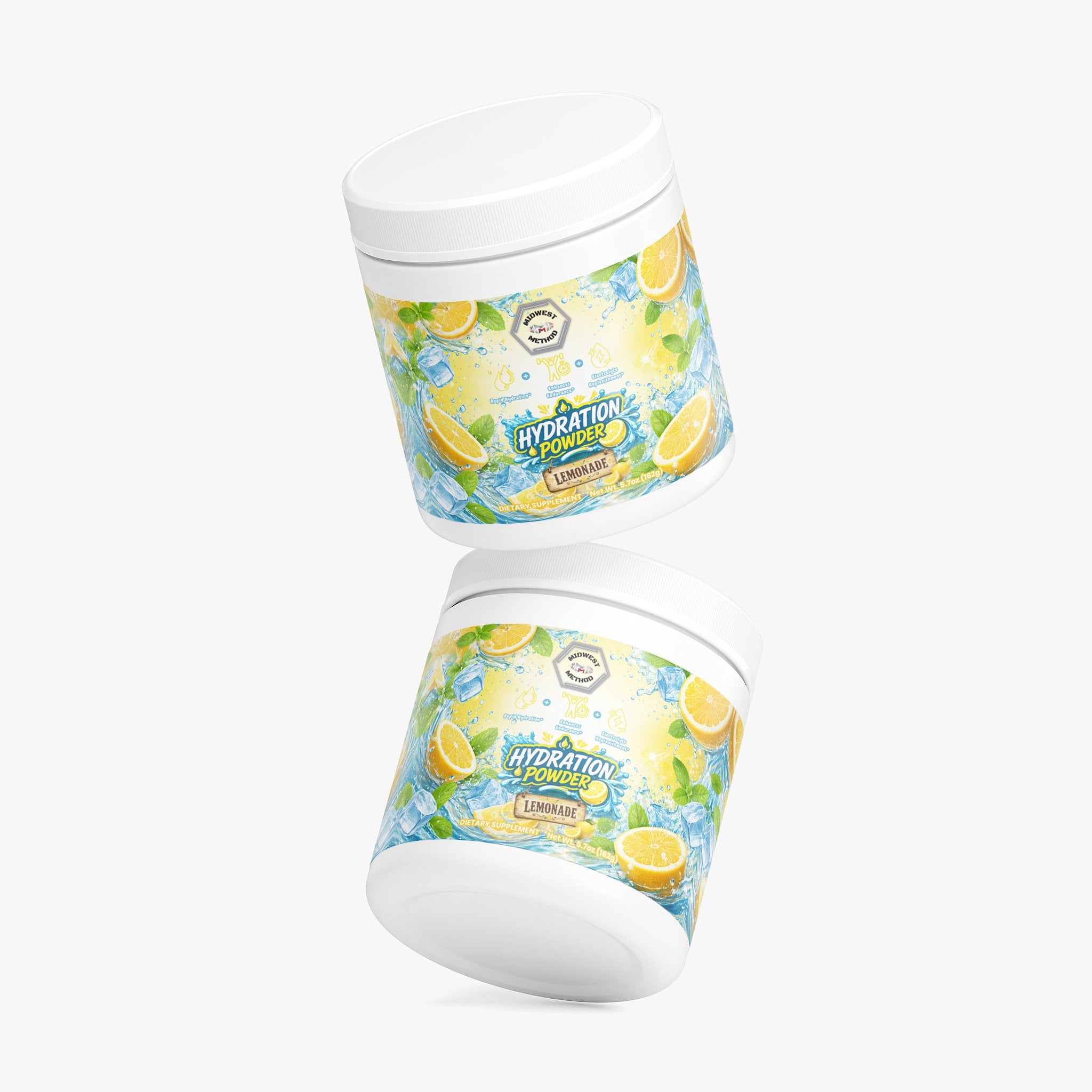 Midwest Method Lemonade Hydration Powder, intra-workout supplement with lemon flavor, in a colorful label container.