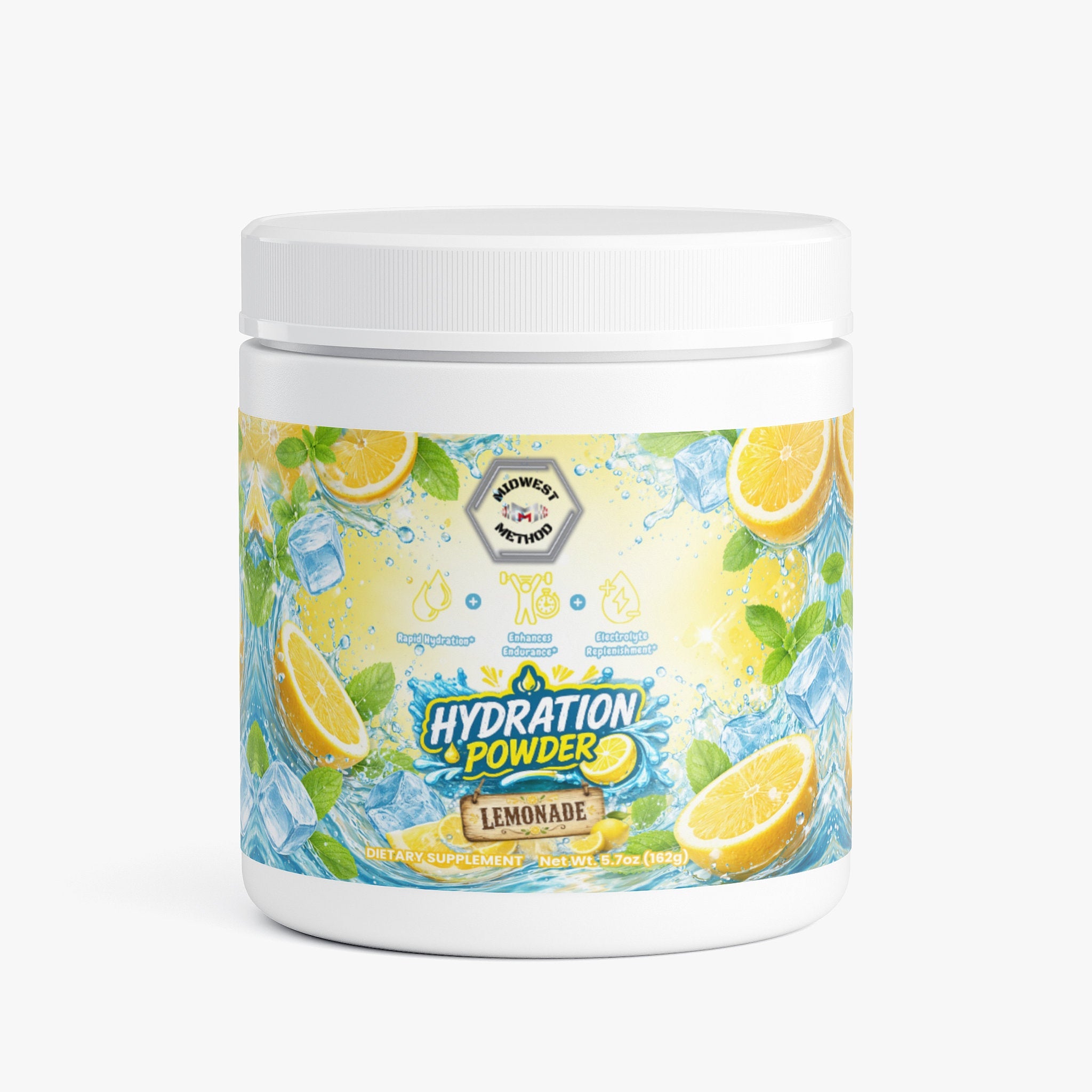 Midwest Method Lemonade Hydration Powder for intra-workout, showing the colorful label and packaging of the supplement.