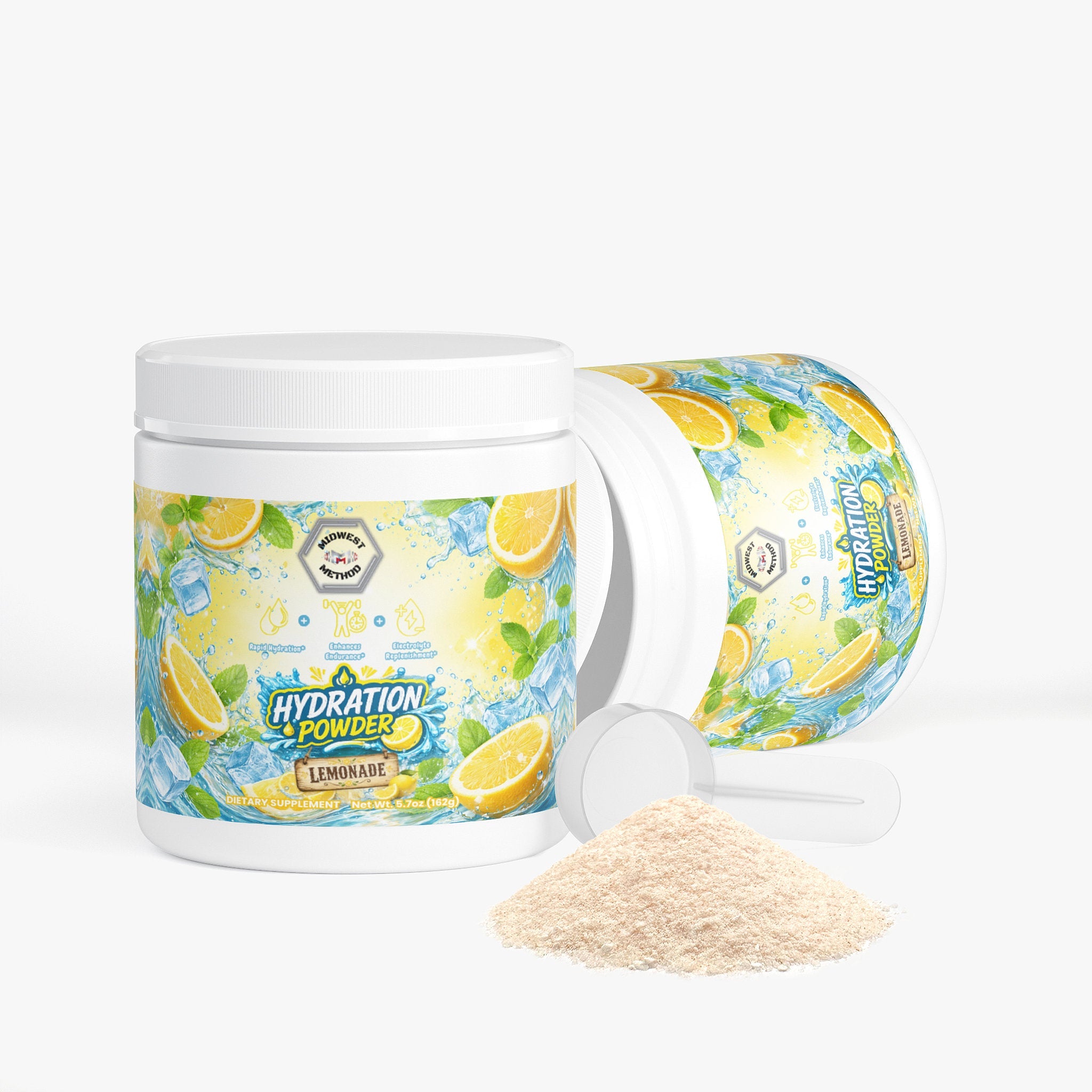 Midwest Method Lemonade Hydration Powder in a container, intra-workout supplement with lemon flavor and bright label design.