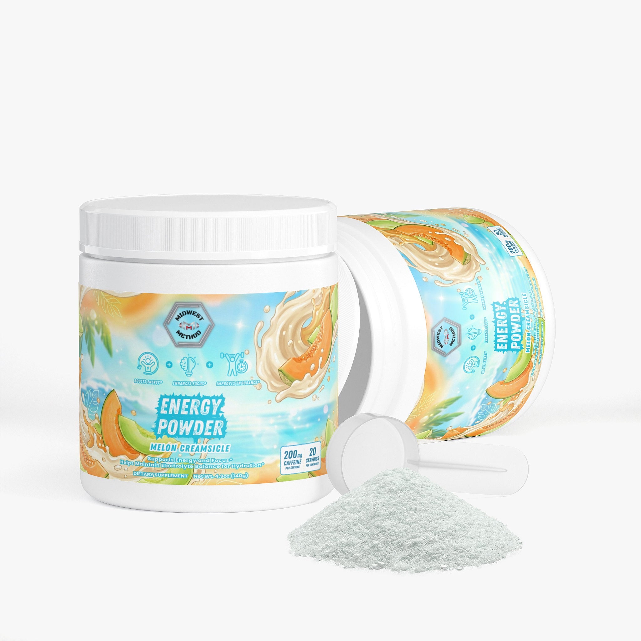Midwest Method Energy Powder Melon Creamsicle flavor, pre-workout supplement with vibrant orange and green label, scoop and packaging visible