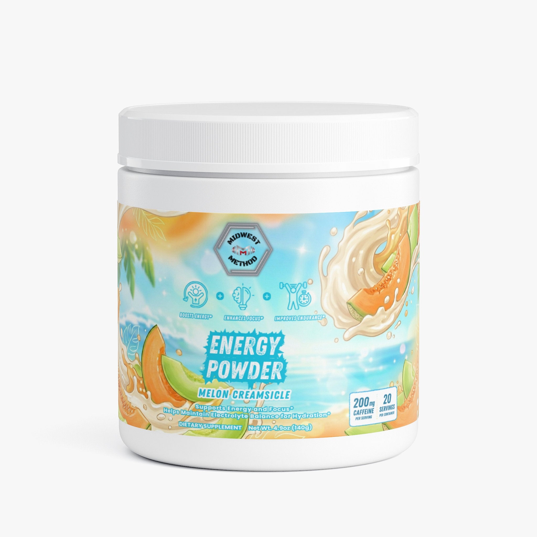Midwest Method Energy Powder Melon Creamsicle pre-workout supplement with bright orange and green label, showcasing flavor and branding.