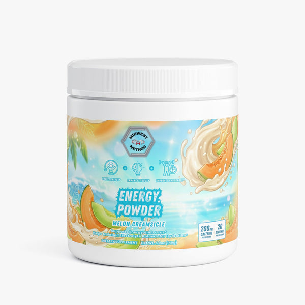 Midwest Method Energy Powder Melon Creamsicle pre-workout supplement with bright orange and green label, showcasing flavor and branding.