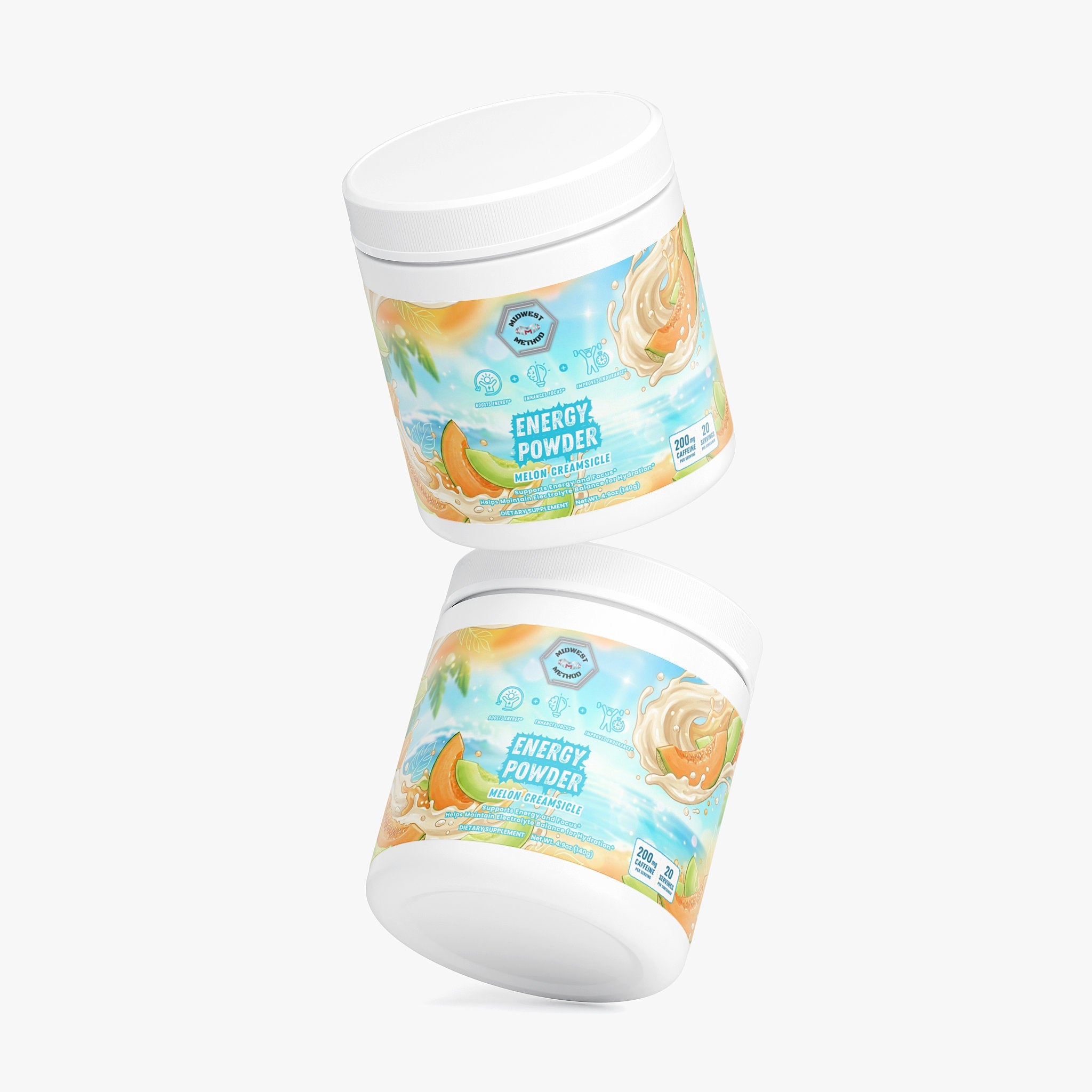 Midwest Method Energy Powder Melon Creamsicle pre-workout supplement container with label showing flavor and branding.