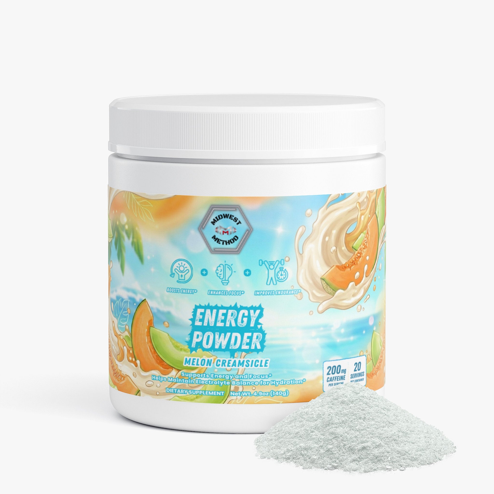 Midwest Method Energy Powder Melon Creamsicle pre-workout supplement with vibrant label design and fresh melon flavor illustration.
