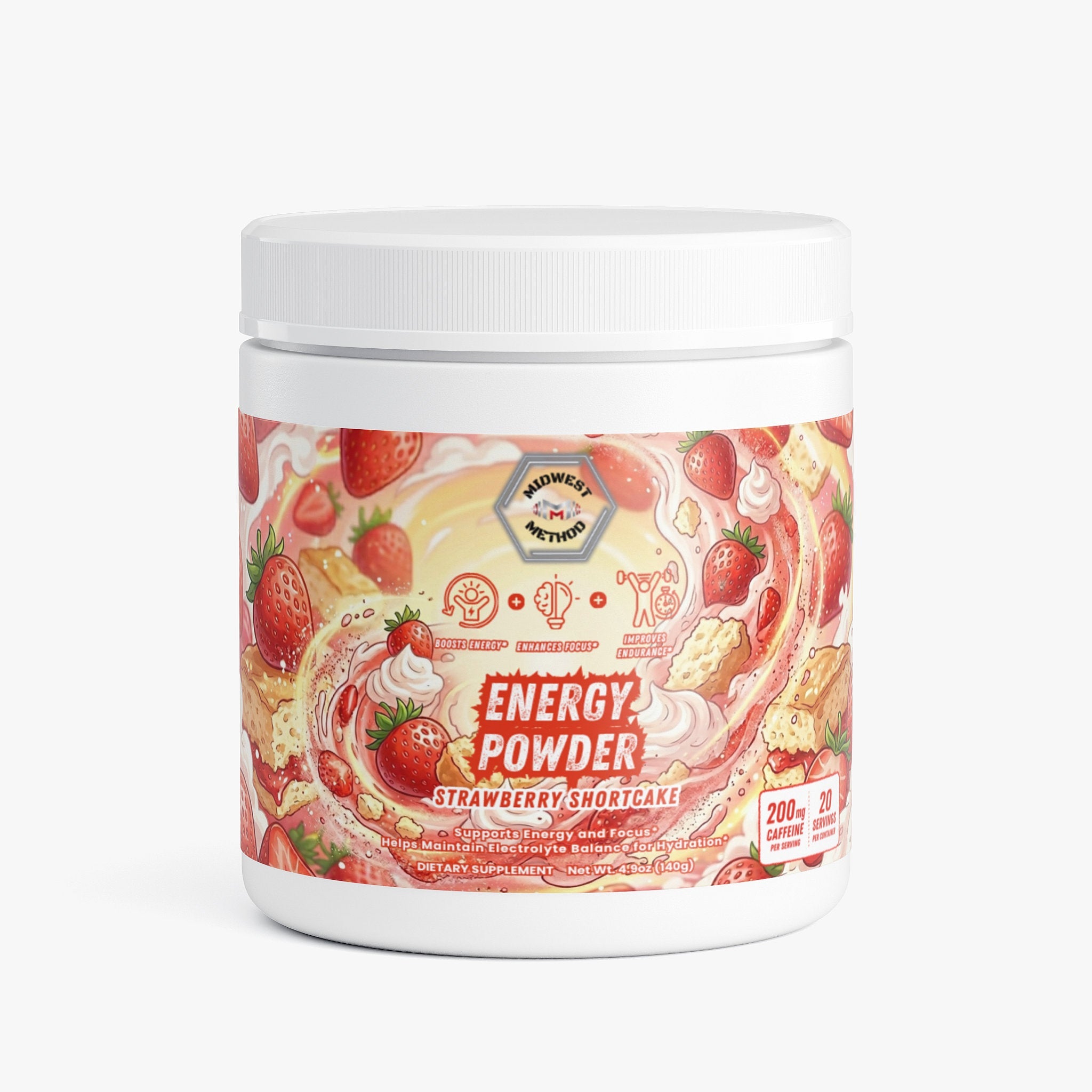 Midwest Method Strawberry Shortcake energy powder for pre-workout supplements, showing the colorful label and packaging.