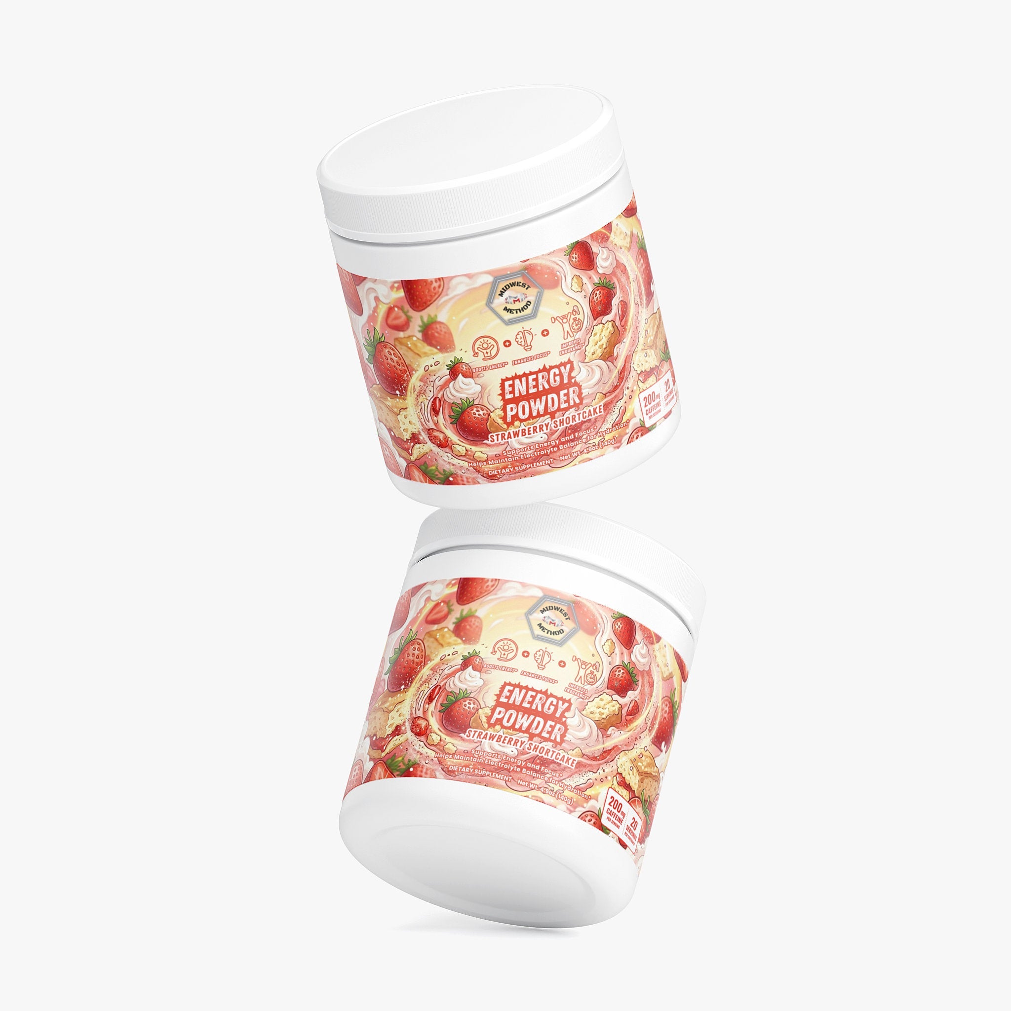Midwest Method Strawberry Shortcake Energy Powder pre-workout supplement with pink and white label, featuring strawberries and energizing formula.