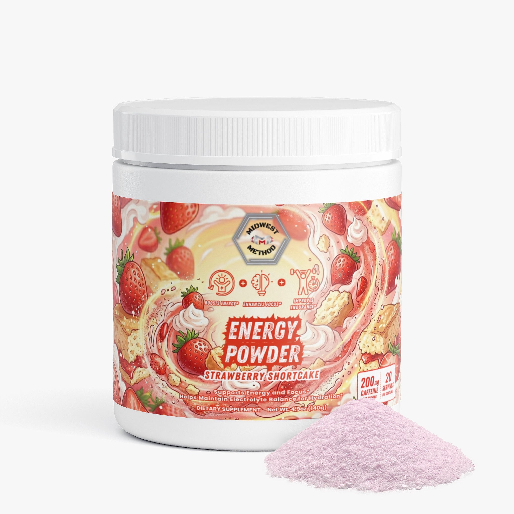 Midwest Method Strawberry Shortcake Energy Powder pre-workout supplement package with label showing flavor and branding.