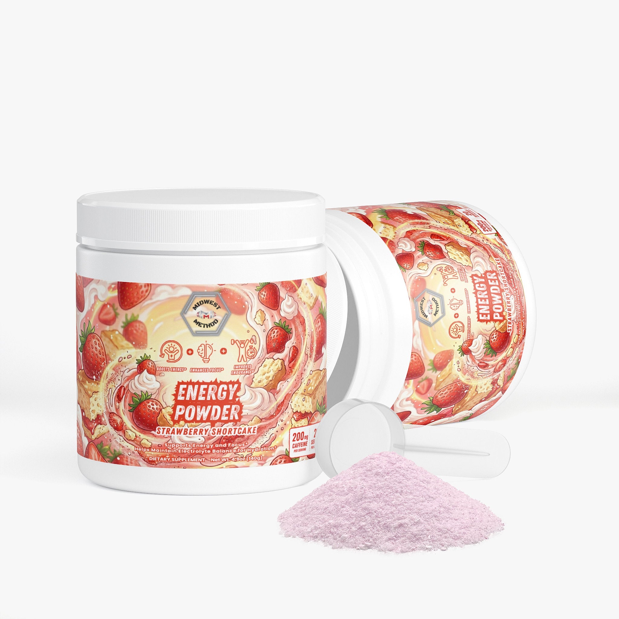 Midwest Method Strawberry Shortcake Energy Powder pre-workout supplement in a colorful label with strawberries and flavor details.
