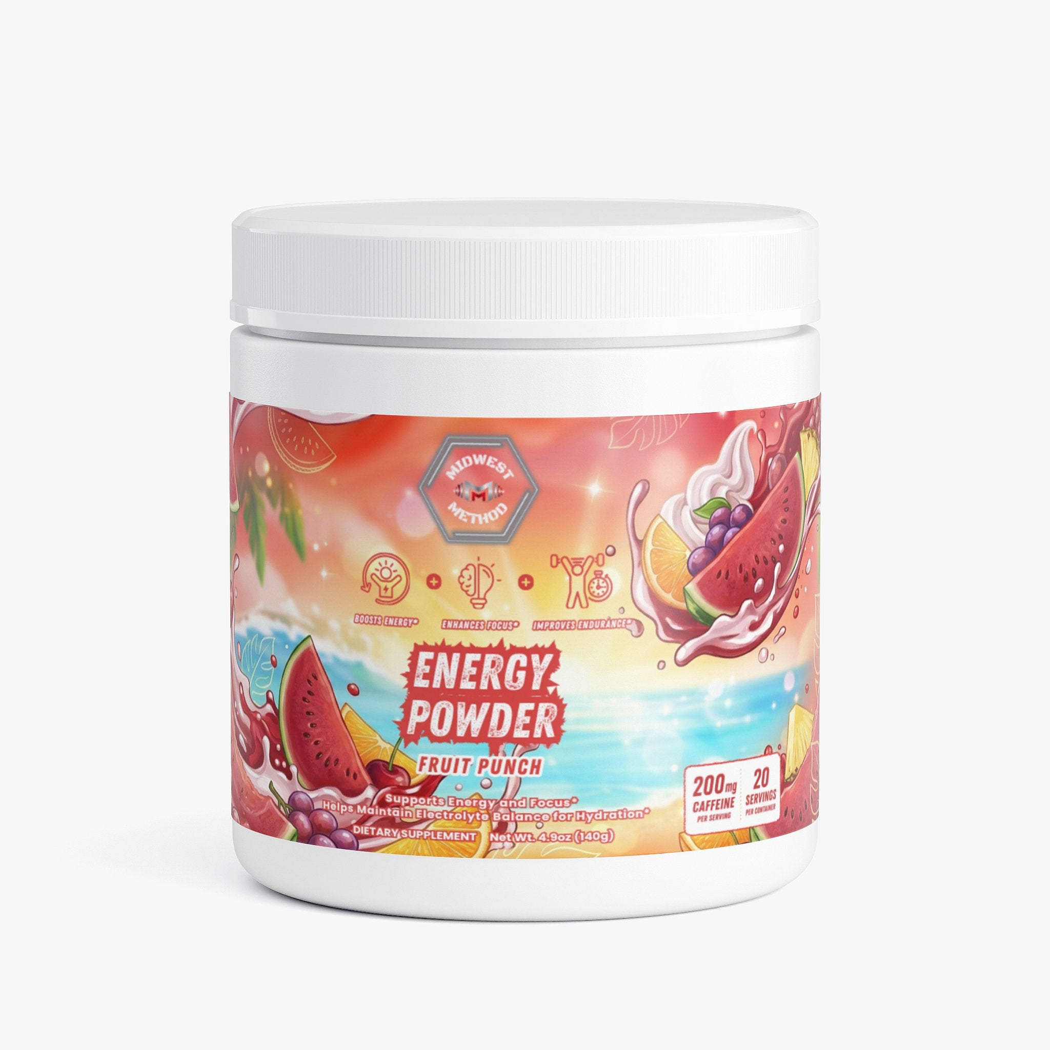 Midwest Method Energy Powder in Fruit Punch flavor, pre-workout supplement with vibrant label design and flavor details.