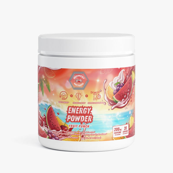 Midwest Method Energy Powder in Fruit Punch flavor, pre-workout supplement with vibrant label design and flavor details.