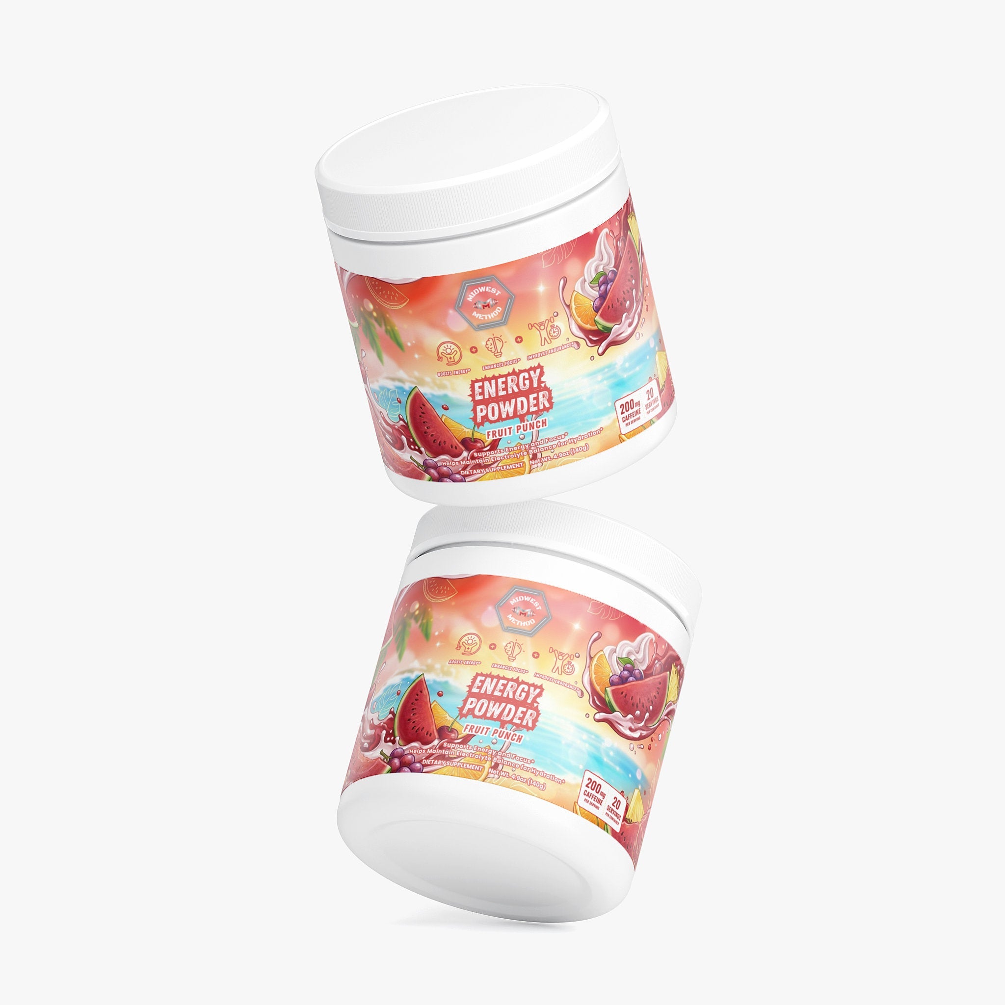 Midwest Method Energy Powder in Fruit Punch flavor, pre-workout supplement with vibrant label design and flavor details.