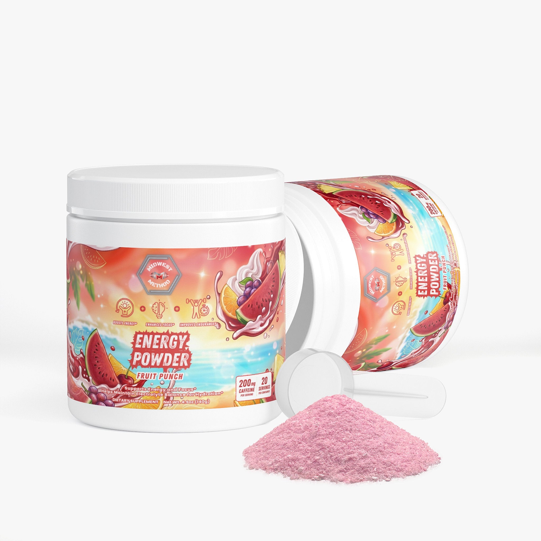 Midwest Method Energy Powder in Fruit Punch flavor, a pre-workout supplement with vibrant label design and energetic branding.