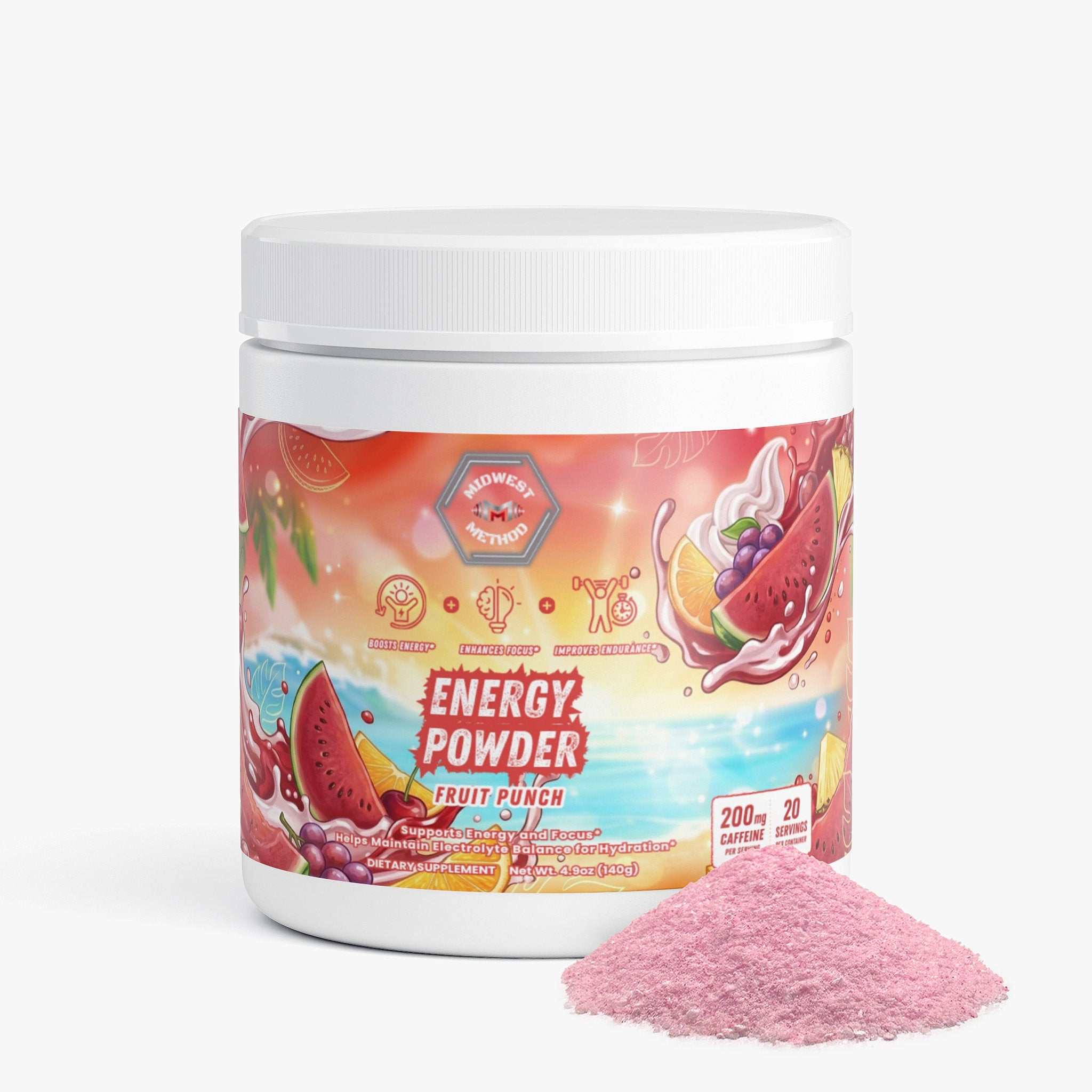 Midwest Method Energy Powder in Fruit Punch flavor, pre-workout supplement with vibrant label design showing powder scoop and fruit graphics.