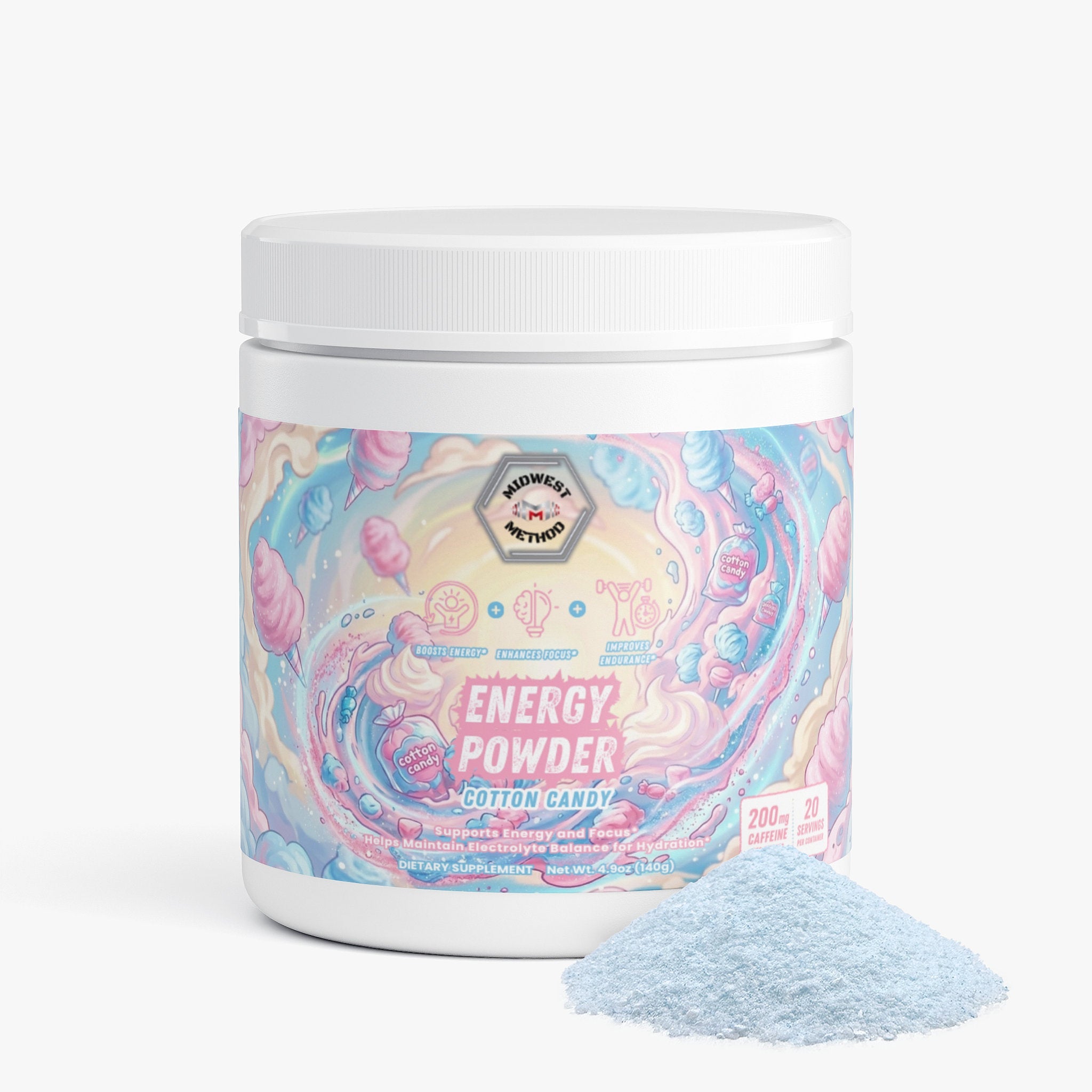 Midwest Method Cotton Candy Energy Powder pre-workout supplement label with vibrant design and product details on the packaging.