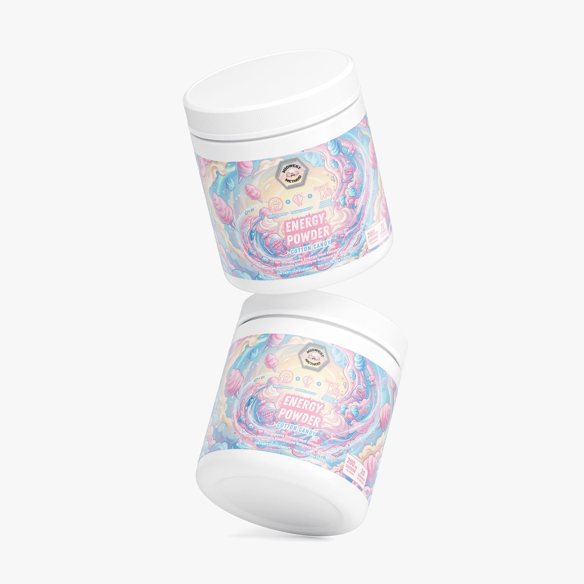 Midwest Method Cotton Candy Energy Powder pre-workout supplement in a colorful container with the label visible