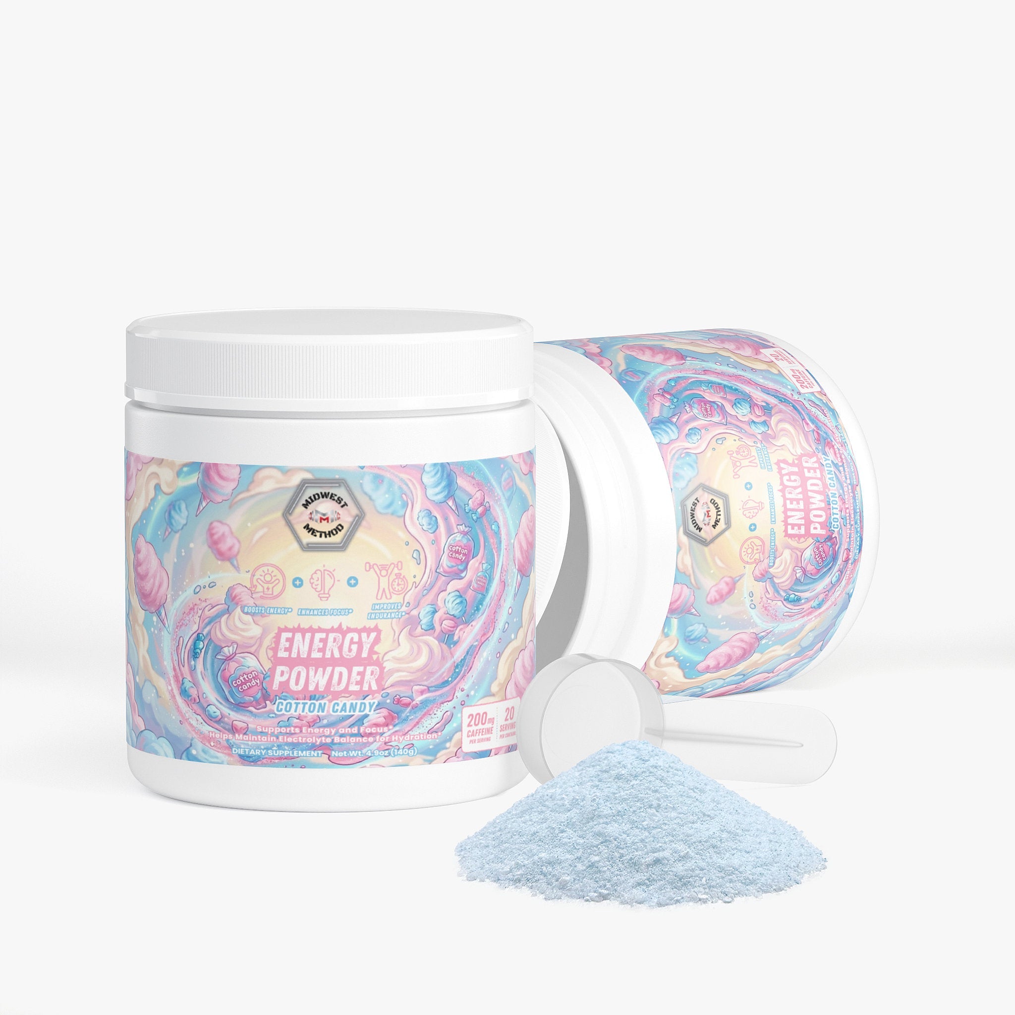 Midwest Method Cotton Candy Energy Powder pre-workout supplement container with label showing flavor and product details.