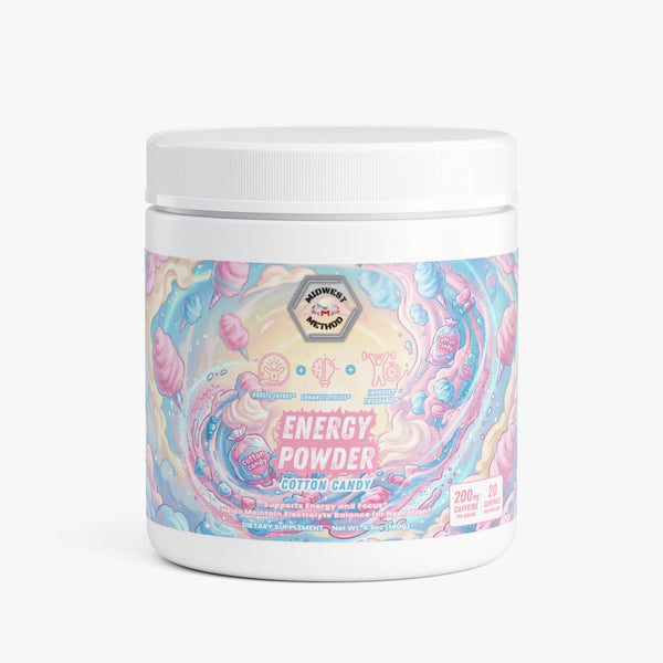 Midwest Method Cotton Candy Energy Powder pre-workout supplement with colorful label and scoop of powder on a white background.