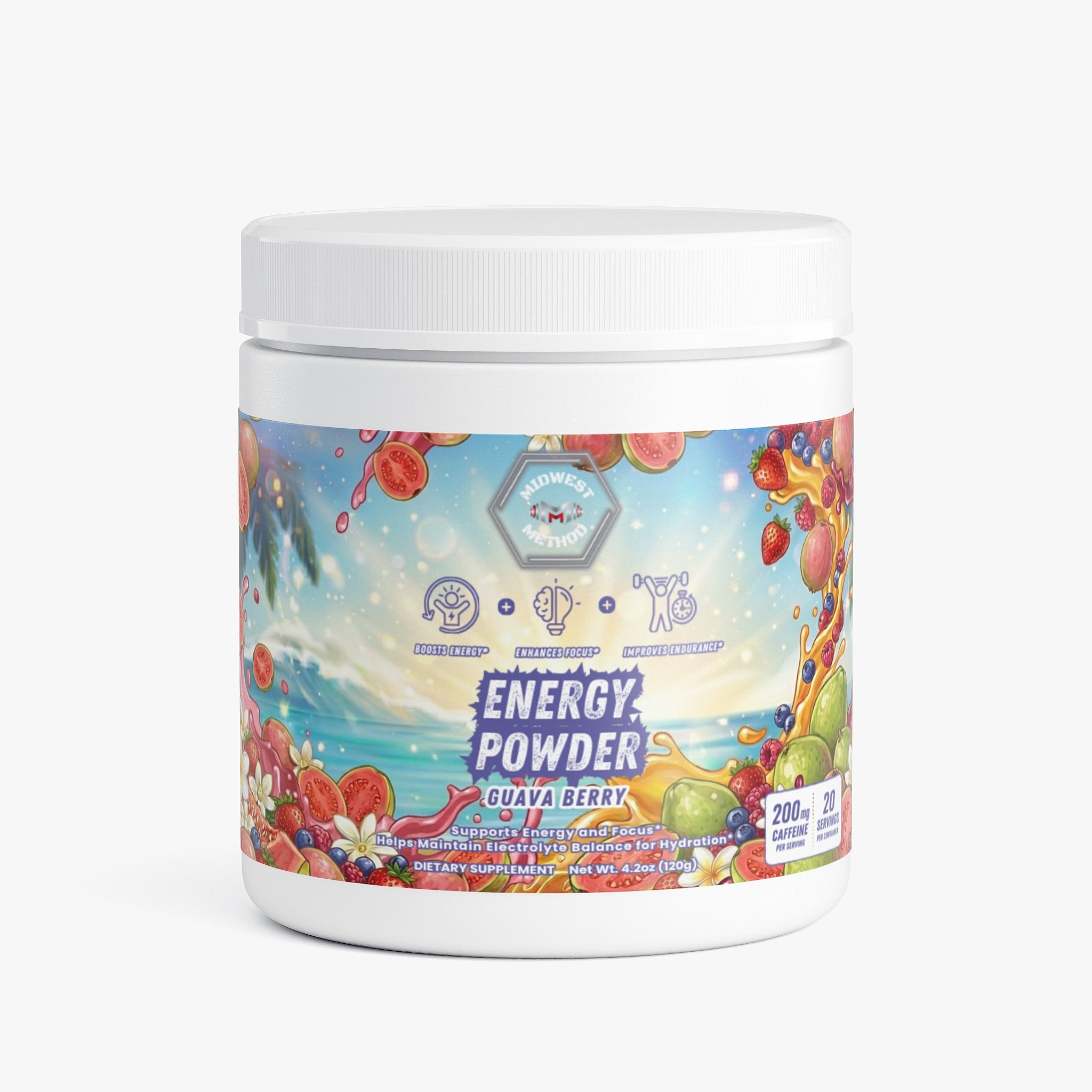 Midwest Method Guava Berry Energy Powder for pre-workout, showing the supplement label and vibrant fruit imagery.